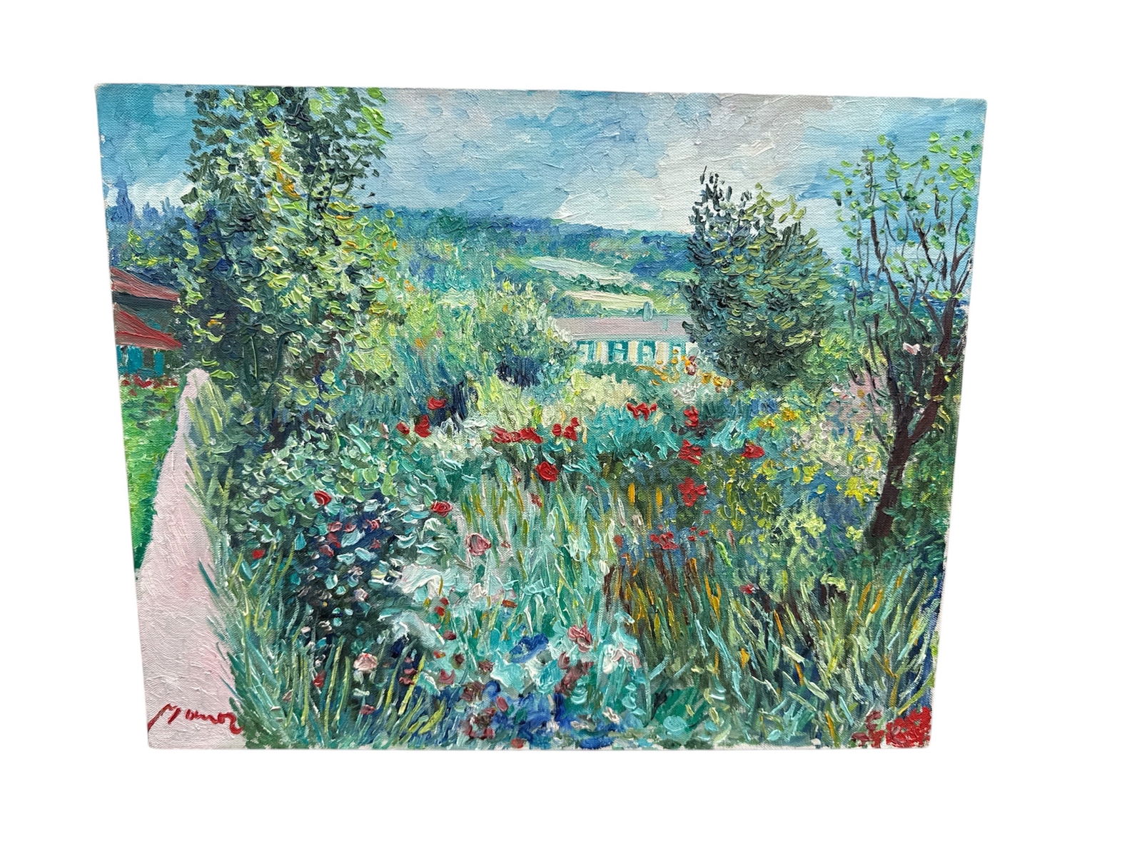 Manor Shadian "Monet’s Garden in Summer" Oil on Canvas: Original oil on canvas painting titled Monet’s Garden in Summer by Manor Shadian. The composition depicts a lush, flower-filled garden landscape inspired by Impressionist themes, rendered with