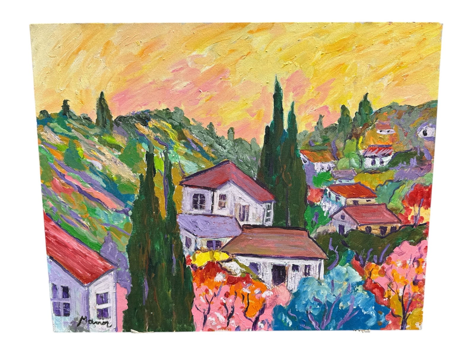 Manor Shadian Purple Houses with Aquamarine Tree Acrylic on Canvas 2001: Original acrylic on canvas painting titled Purple Houses with Aquamarine Tree by Manor Shadian, dated 2001. The composition depicts a hillside village scene with stylized houses, cypress trees, and
