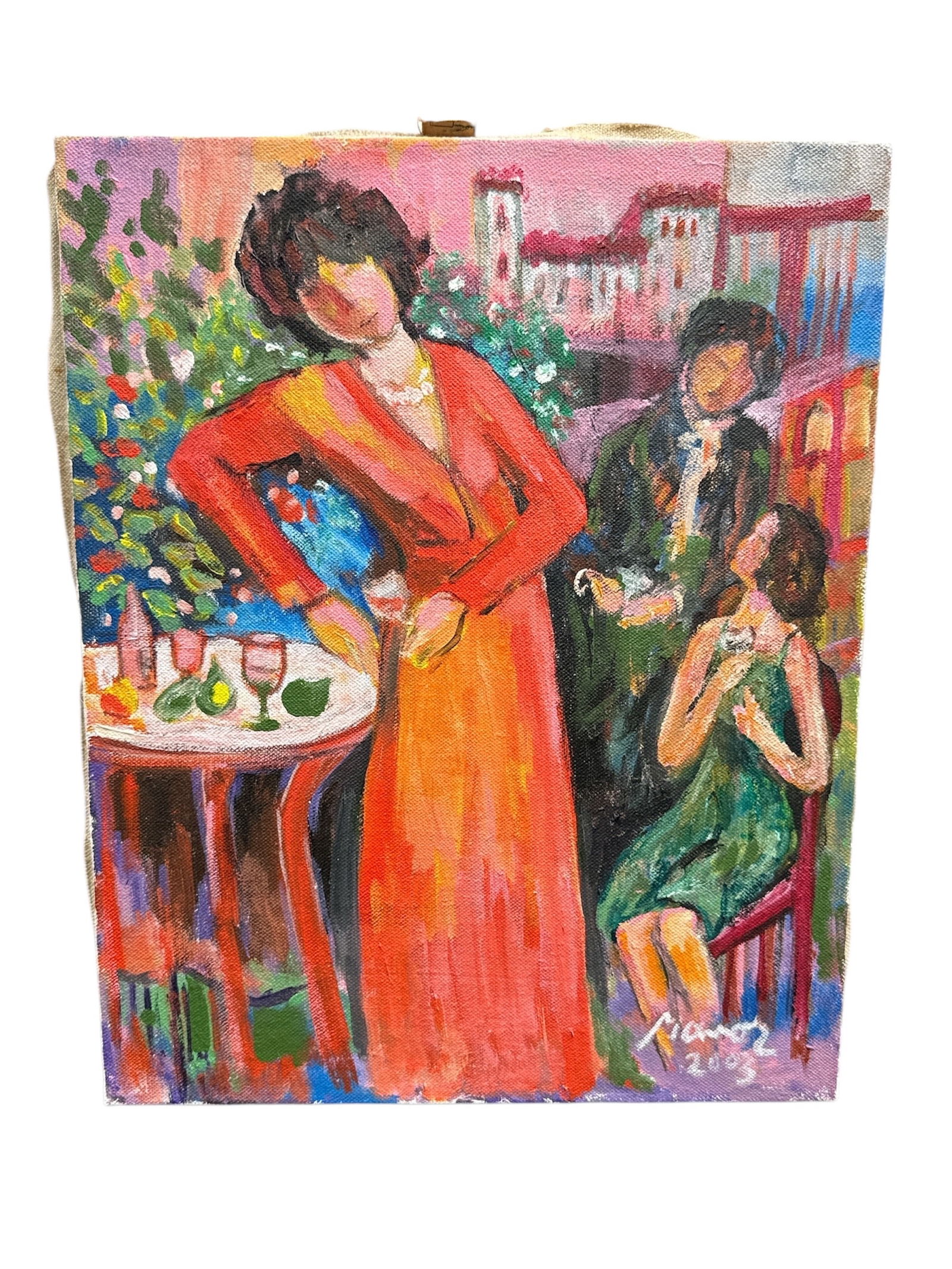 Manor Shadian Wallflower Acrylic on Linen 2003: Original acrylic on linen painting titled Wallflower by Manor Shadian, dated 2003. The composition depicts a lively figurative scene with multiple figures gathered in an intimate interior setting,