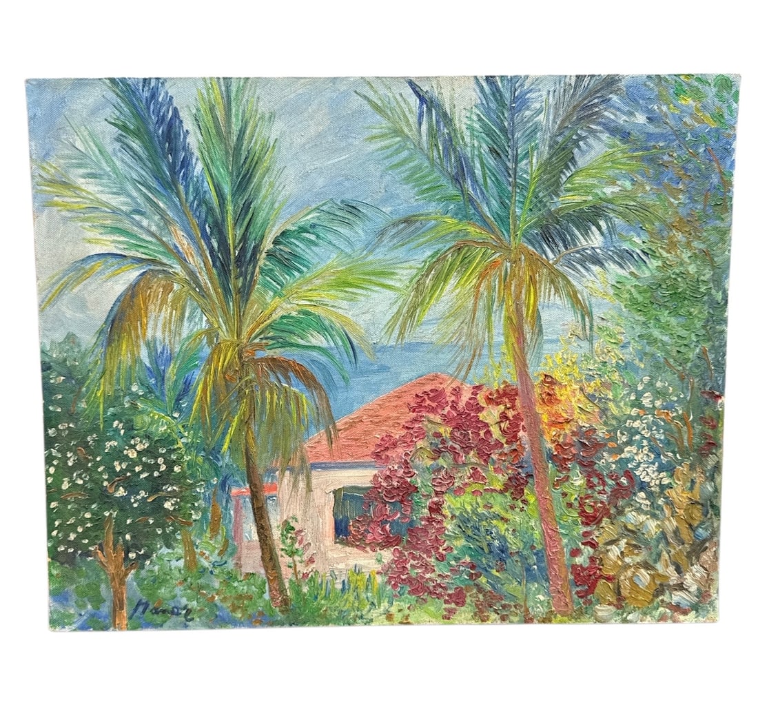 Manor Shadian Plantation House Oil on Canvas 1986: Original oil on canvas painting titled Plantation House by Manor Shadian, dated 1986. The composition depicts a tropical landscape with tall palm trees framing a red-roofed house surrounded by lush