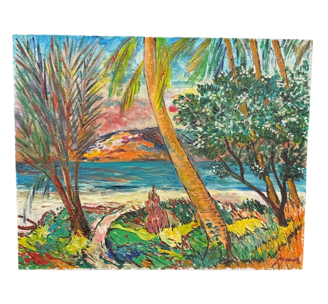 Manor Shadian "Pathway to Ocean" Oil on Canvas 1993: Original oil on canvas painting titled Pathway to Ocean by Manor Shadian, dated 1993. The composition depicts a winding path leading through lush tropical vegetation toward the ocean, framed by palm