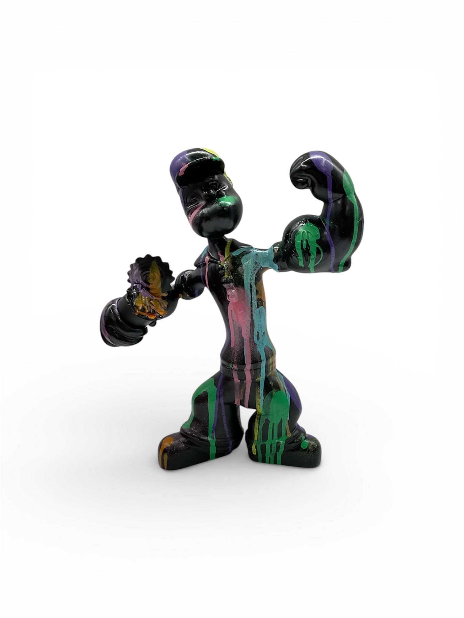 Contemporary Popeye Sculpture with Spinach Can – Pop Art Style Figure: This contemporary sculptural figure depicts the iconic cartoon character Popeye in a dynamic, muscular pose while holding his signature can of spinach. Rendered in a bold pop-art style, the sculpture