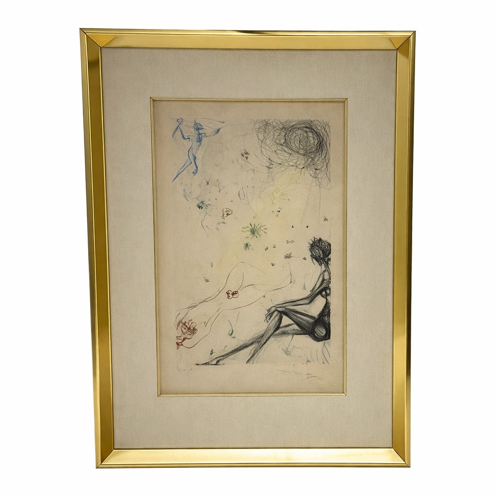 "The Shepherd" by Salvador Dali (Spain, 1904-1989) Etching: DescriptionA genuine limited-edition color etching with stencil and gilded highlights on paper by the iconic Surrealist master Salvador Dalí, created in 1971. Titled The