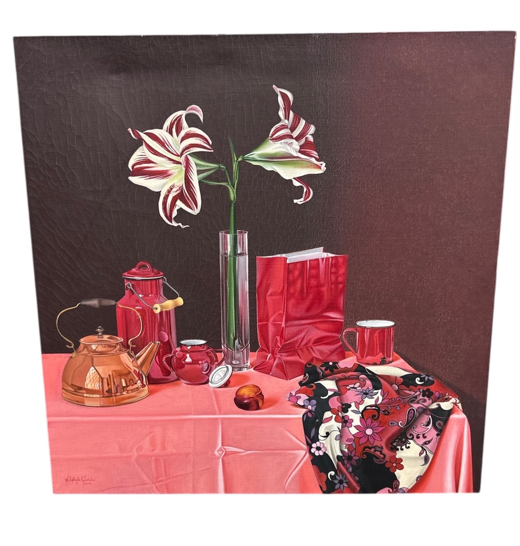 Milton Estrella Gavidia Contemporary Still Life Painting: Contemporary still life painting by Milton Estrella Gavidia depicting a richly arranged tabletop scene dominated by red tones. The composition features blooming lilies in glass vessels alongside a