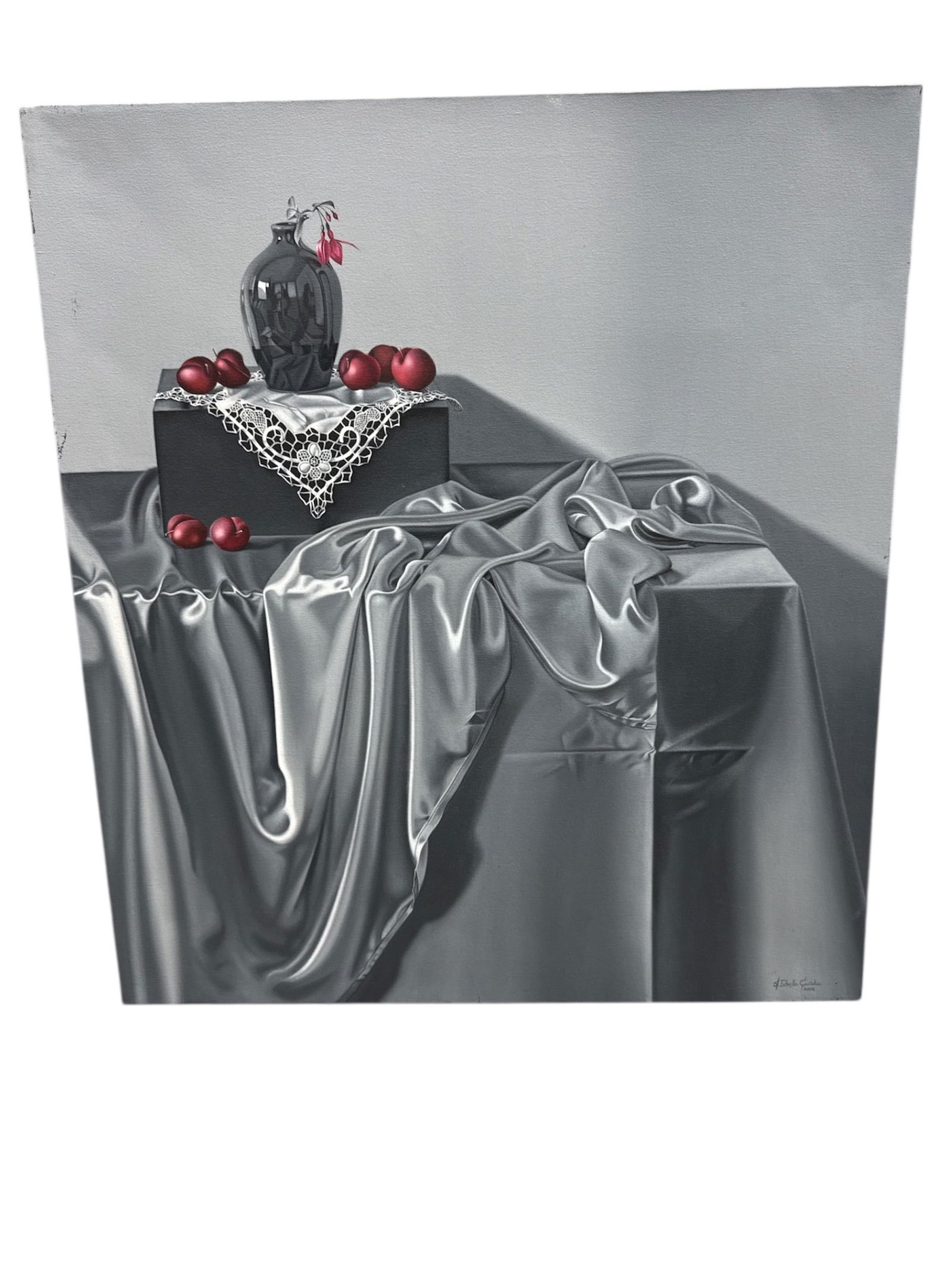 Milton Estrella Gavidia Contemporary Still Life Painting 2006: Contemporary still life painting by Milton Estrella Gavidia, dated 2006, depicting an elegant tabletop arrangement rendered in a restrained gray palette accented by deep red elements. The composition