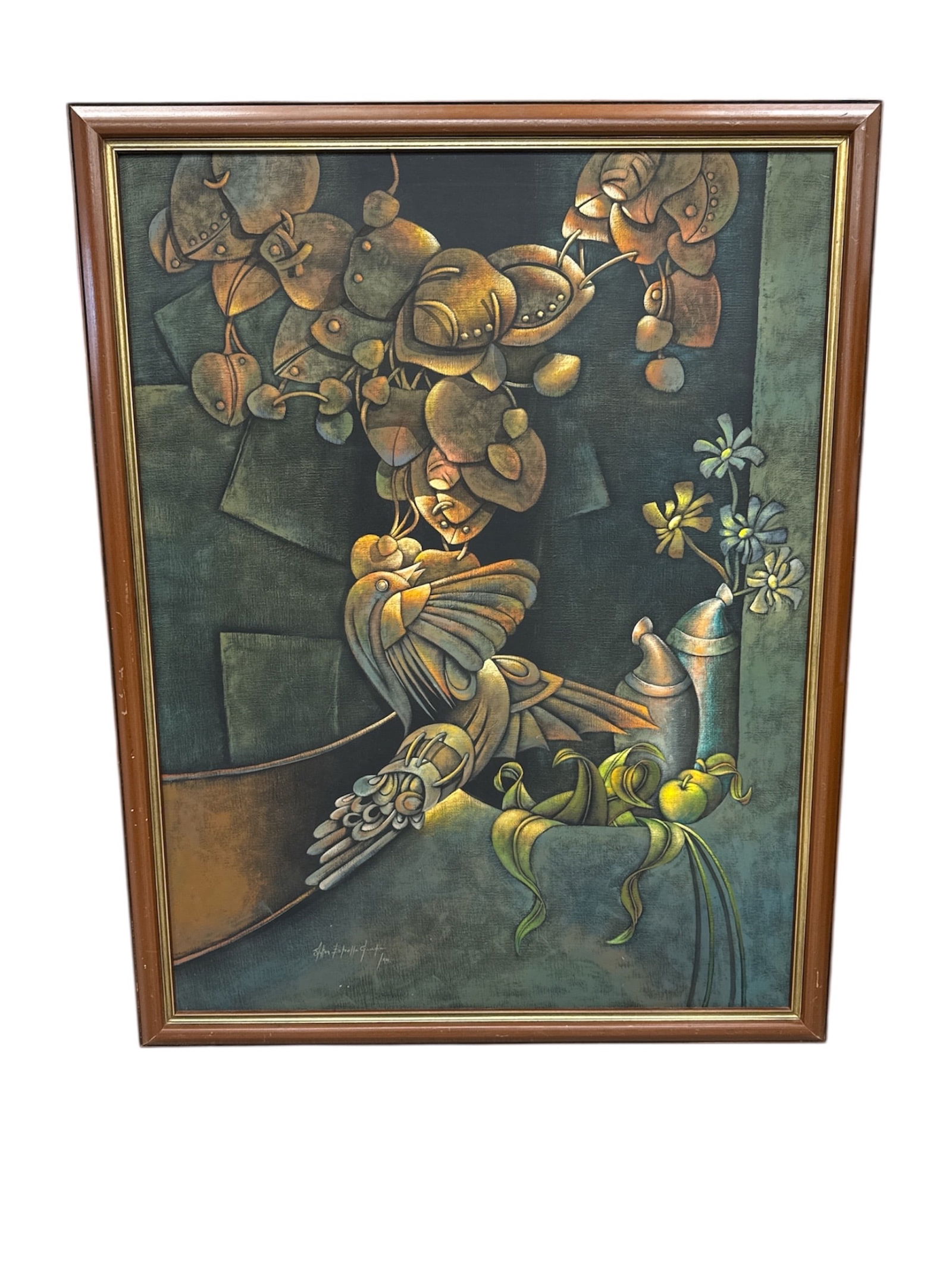 Milton Estrella Gavidia Surreal Figurative Painting Lo Que Emerge de Mi Tierra: Large-scale surreal figurative painting by Milton Estrella Gavidia, dated 1994, titled Lo Que Emerge de Mi Tierra. The composition presents a symbolic figure integrated into a dreamlike natural