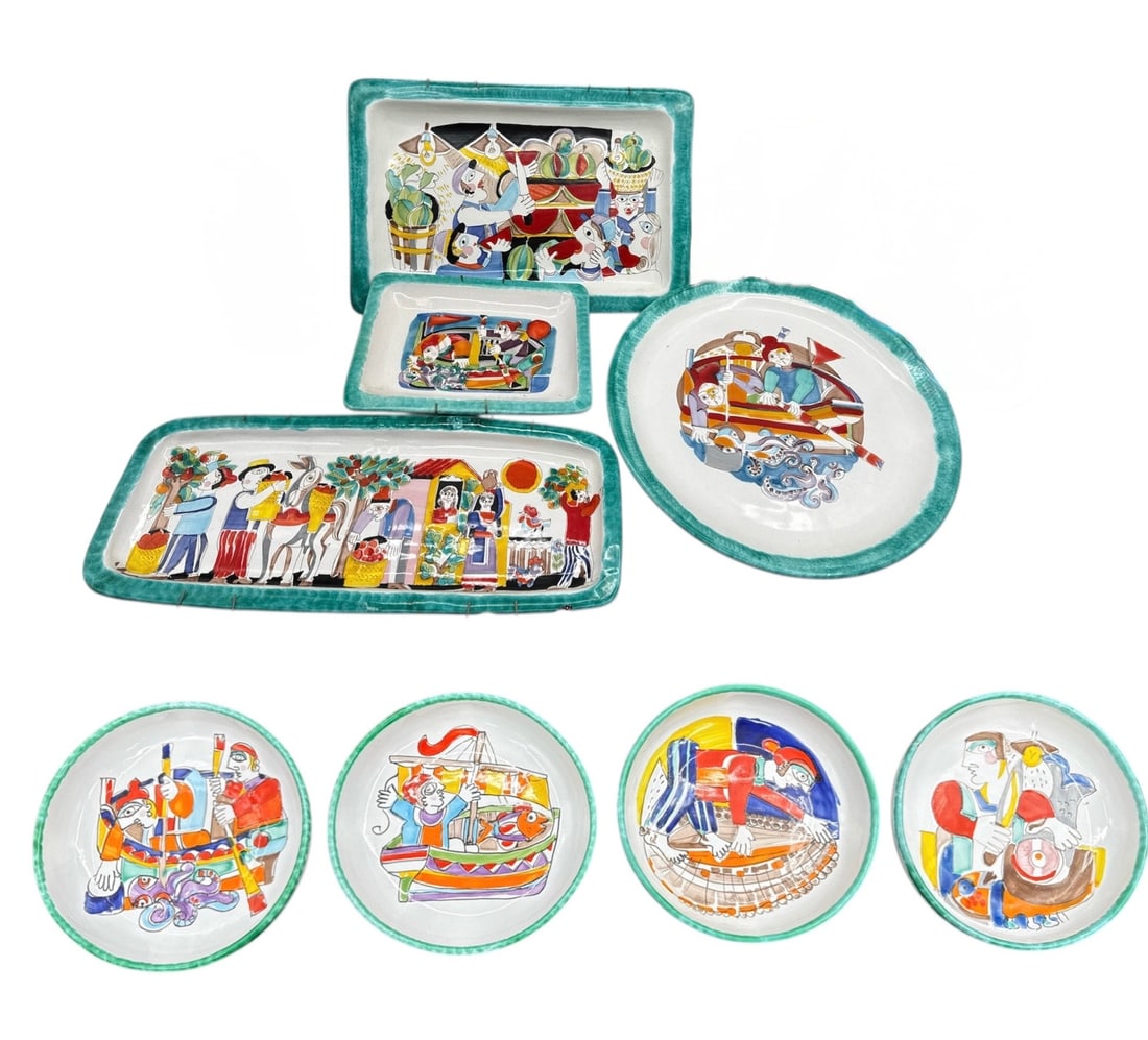 RARE Italian Hand-Painted Ceramic Serveware Set by DeSimone, Italy – Plates, Platters, Bowls &: Vibrant and expansive Italian hand-painted ceramic serveware set attributed to De Simone, Italy, known for their bold colors, whimsical figural scenes, and expressive