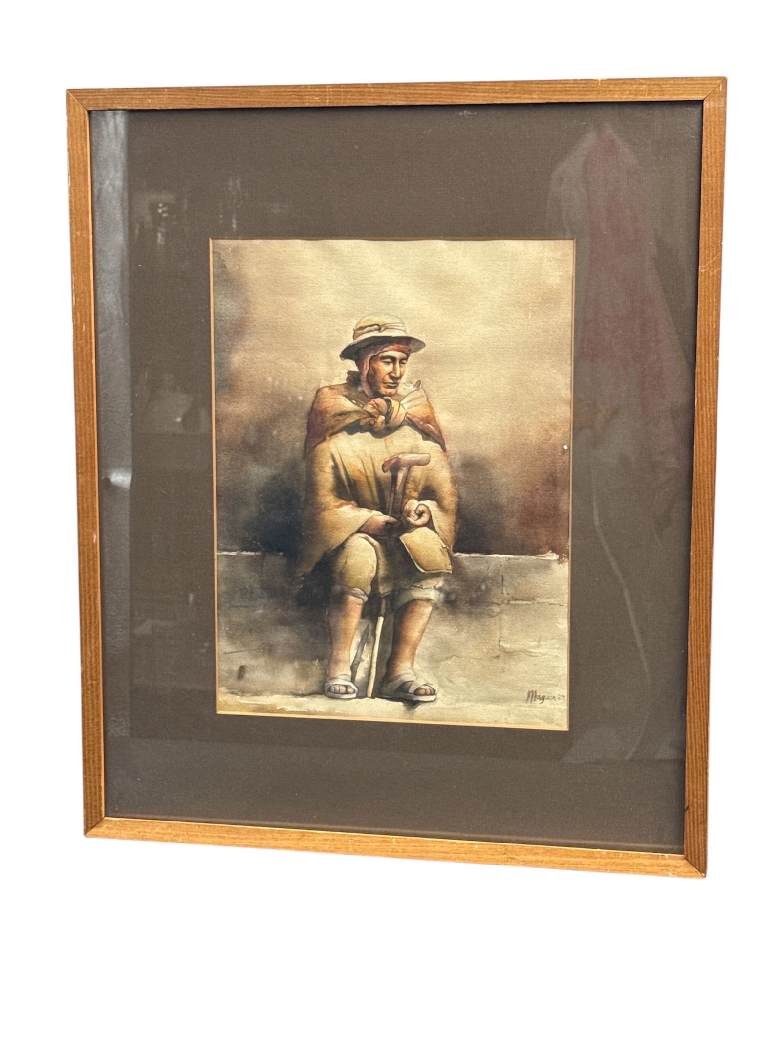 Signed and Dated Figurative Watercolor Painting of Seated Man (1 of 4)