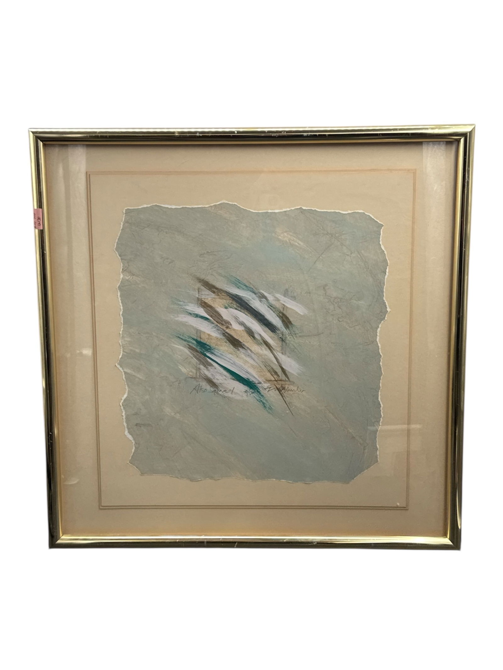 Signed and Numbered Abstract Mixed Media Artwork with Expressive Brushwork: This striking abstract mixed media artwork features dynamic, sweeping brushstrokes layered across a textured ground in soft neutrals accented with teal, white, and earth tones. The central composition