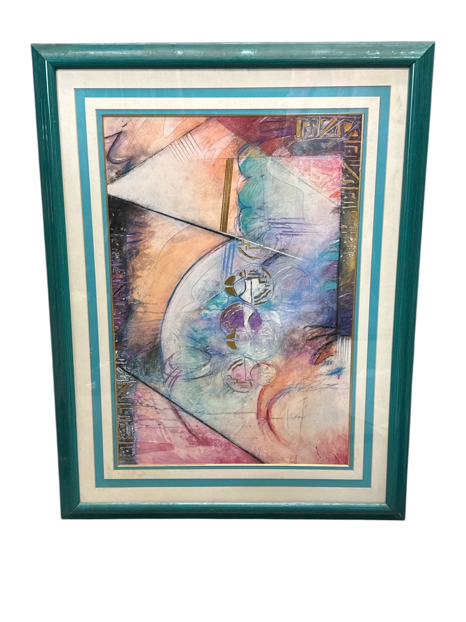 Organic Motion Framed Abstract Artwork by Jay Hall: This vibrant abstract artwork titled Organic Motion is by artist Jay Hall and features a dynamic composition of layered geometric forms, flowing lines, and richly blended colors. The piece incorporate