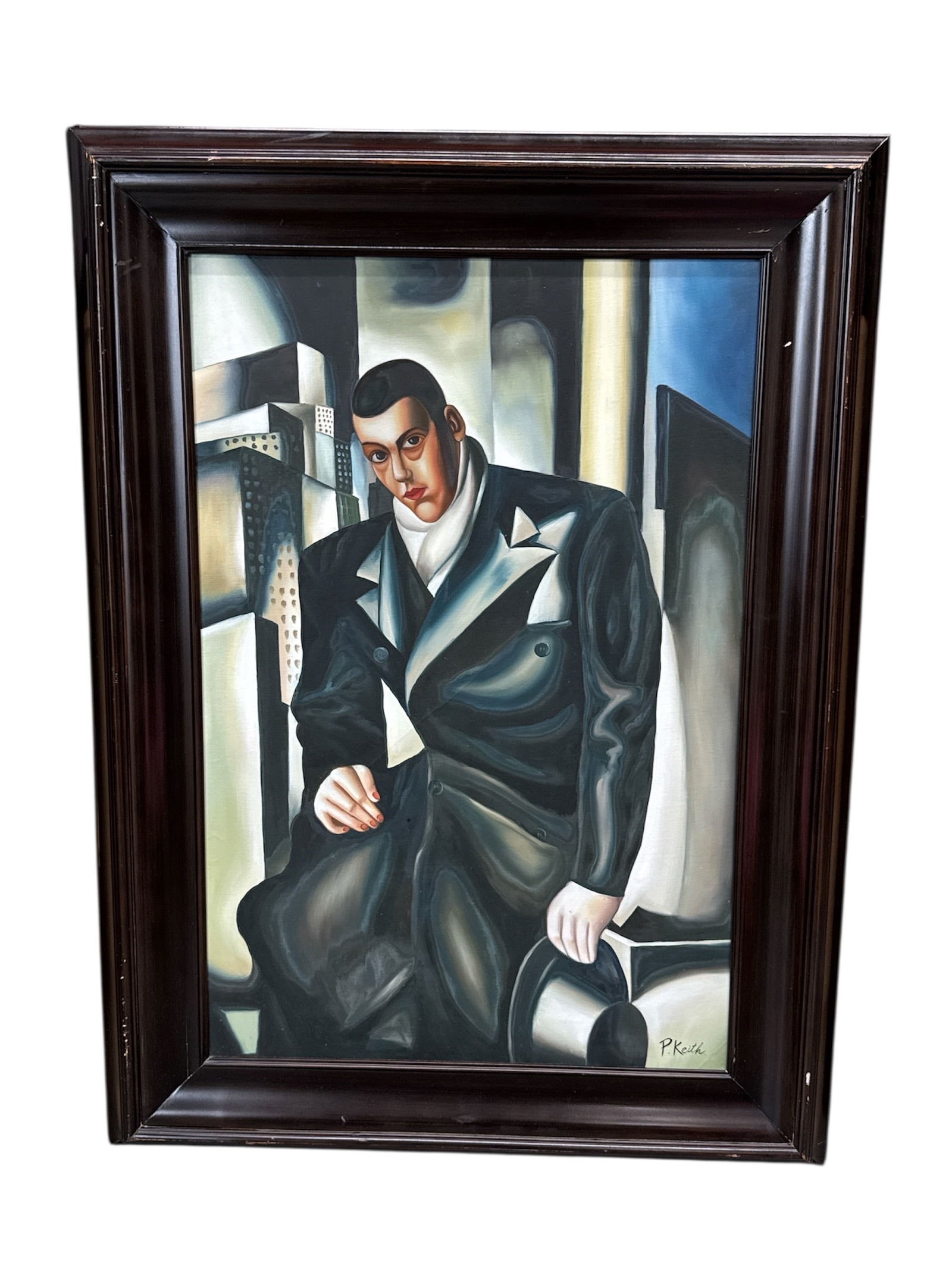 "Portrait of a man" after Tamara de Lempicka (Poland, 1894-1980) Oil on Canvas: A striking oil on canvas painting, executed in the iconic Art Deco style popularized by the Polish artist Tamara de Lempicka (1898–1980). This work is a detailed copy