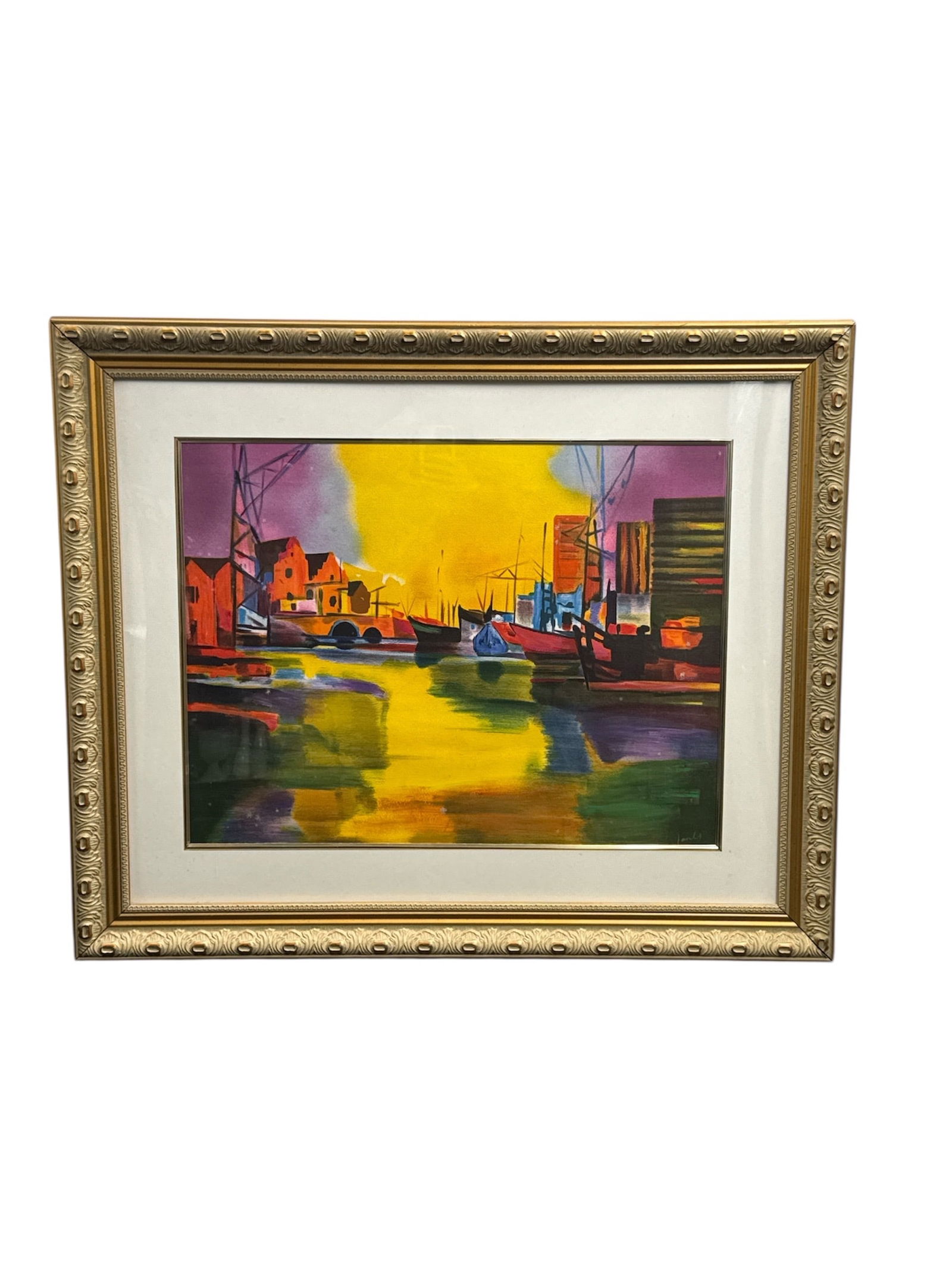 Signed Mixed Media Cityscape on Paper by Marcel Mouly with Certificate of Authenticity: This vibrant cityscape is a mixed media work on paper by renowned French artist Marcel Mouly, depicting an expressive urban scene with bold color fields and reflective water elements. Rendered in