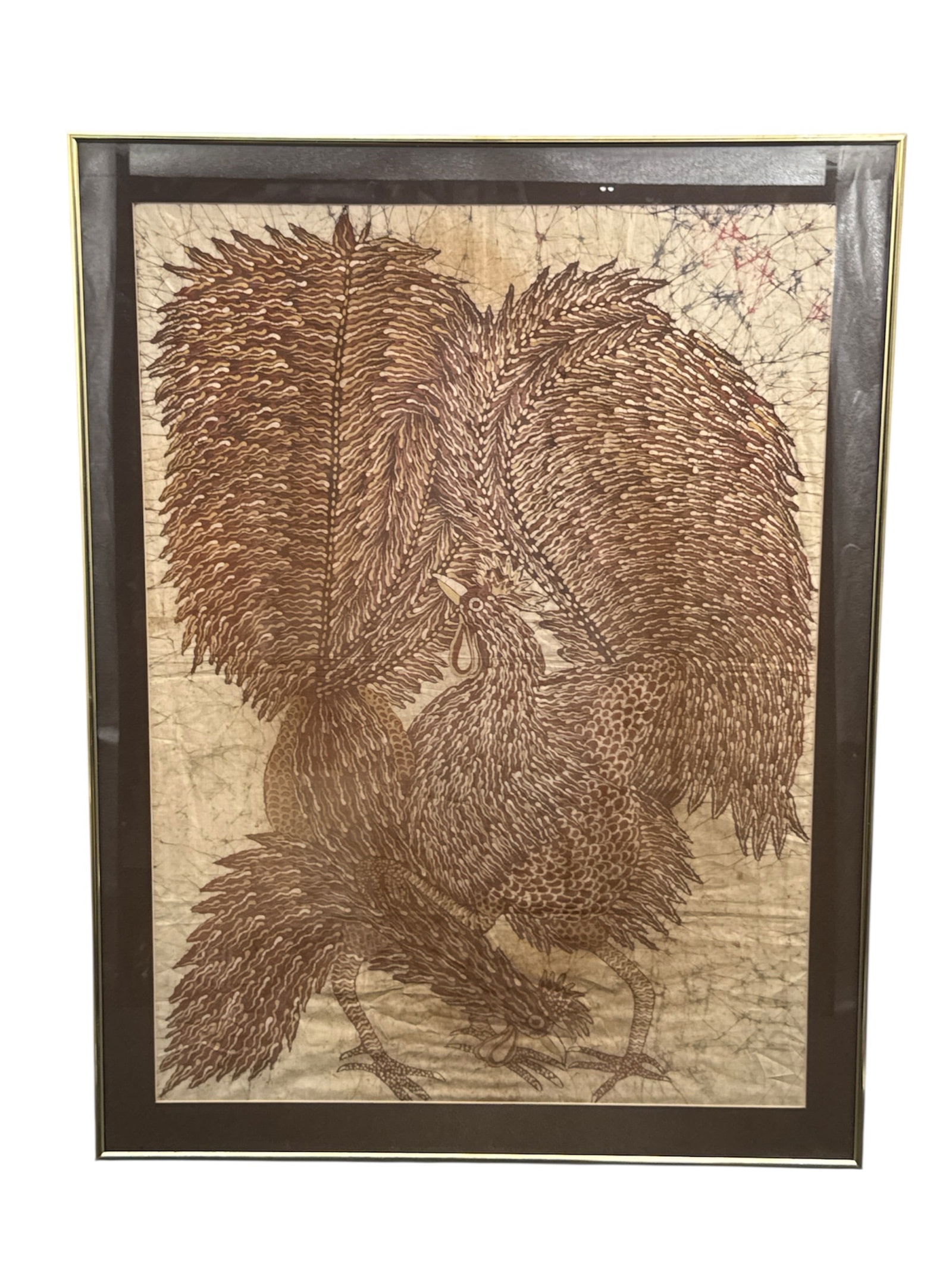 Vintage Sepia-Toned Batik on Fabric: Two Roosters/Pheasants: DescriptionThis is a captivating vintage art piece, likely a batik painting or print on fabric, featuring two intricately detailed roosters or pheasants in a rich sepia palette. The artwork captures