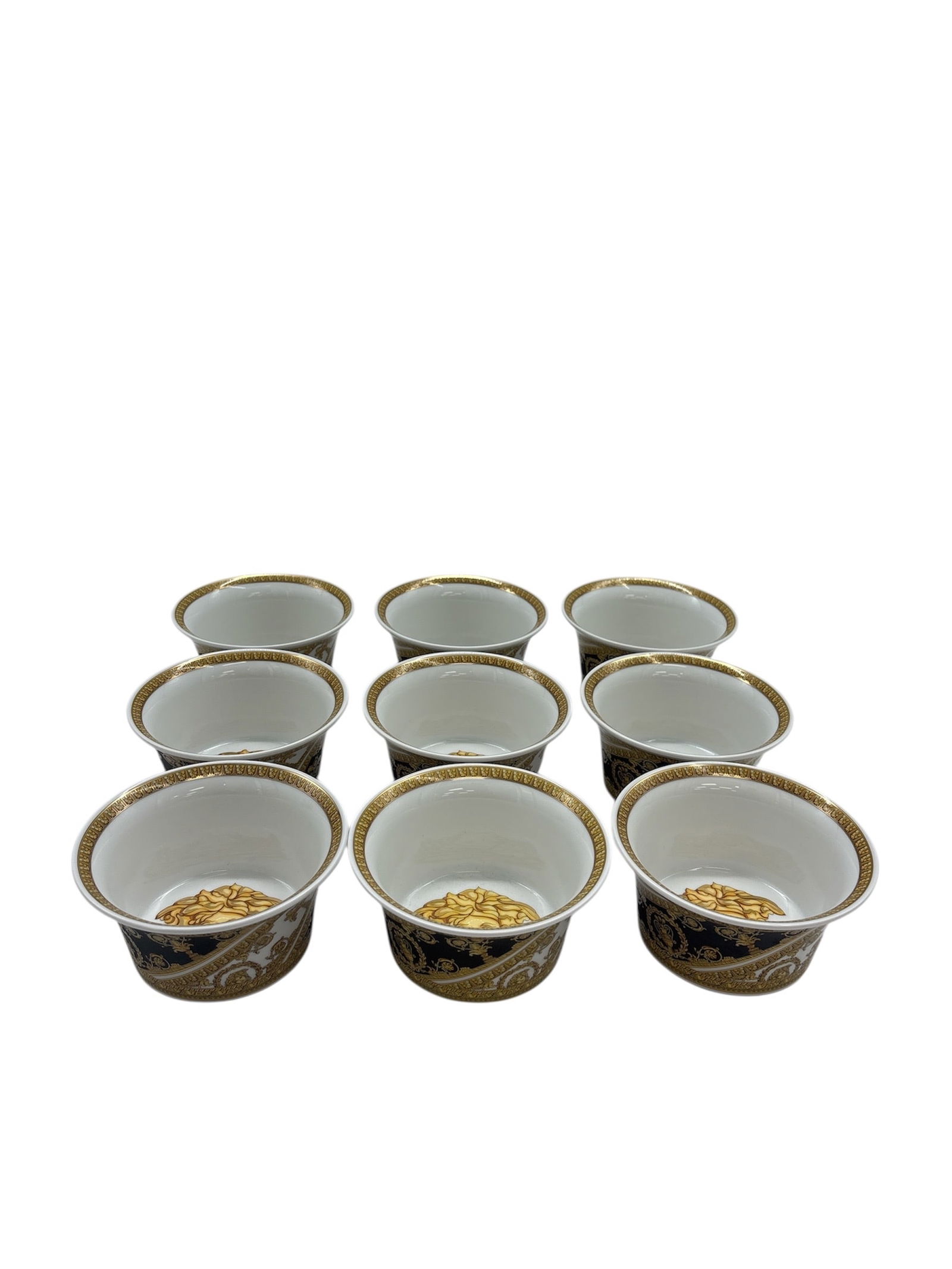 VERSACE Rosenthal I Love Baroque Set of 9 Small Porcelain Bowls Fruit Dish Gold Black: DescriptionA rare opportunity to own a set of eight (8) stunning Versace by Rosenthal bowls from the coveted "I Love Baroque" collection. These opulent bowls feature