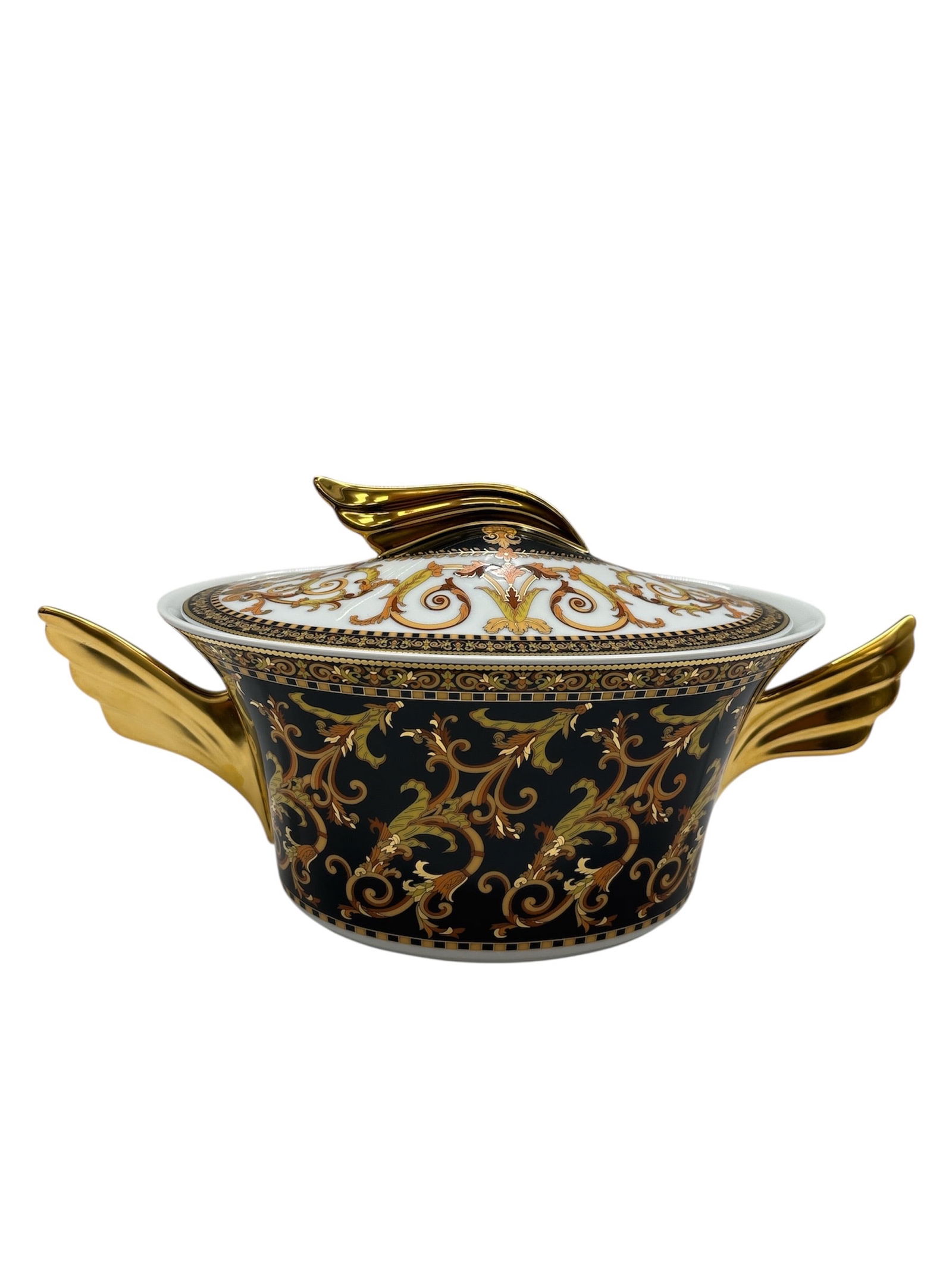 Rosenthal~VERSACE "Barocco?? Large Tureen/Covered Vegetable Dish | Winged Handles | Germany: DescriptionThis is a stunning and opulent covered vegetable dish (or small soup tureen) from the highly sought-after "Barocco" collection, a collaborative masterpiece between the