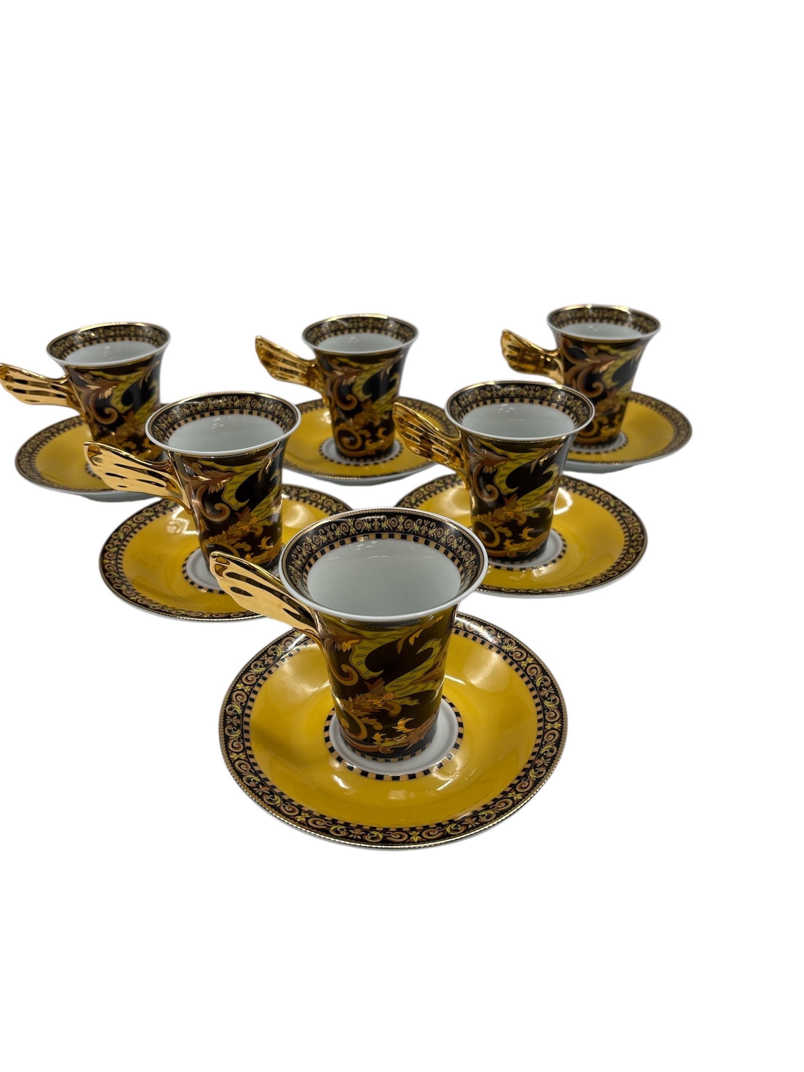 Stunning Set of Six Versace Rosenthal Barocco Espresso Cups & Saucers - Gilded Wing Handles!: This is a rare opportunity to own a luxurious and complete set of six Versace by Rosenthal "Barocco" pattern espresso cups and saucers. Crafted from the finest German