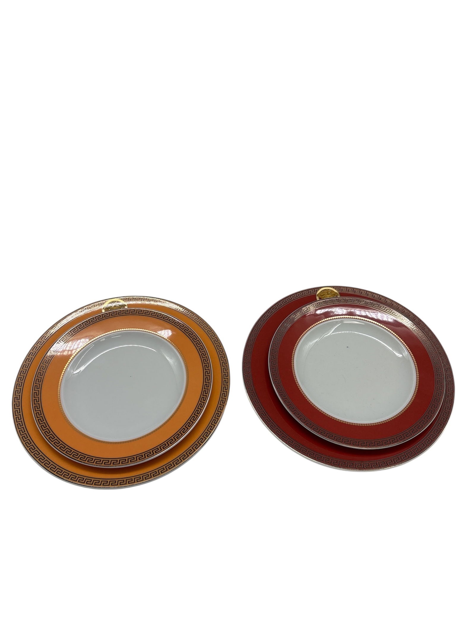 RARE Set of 2: Versace Rosenthal MEDUSA Medallion Dinner Plates (Red & Orange) w/ Greek Key Border (1 of 3)