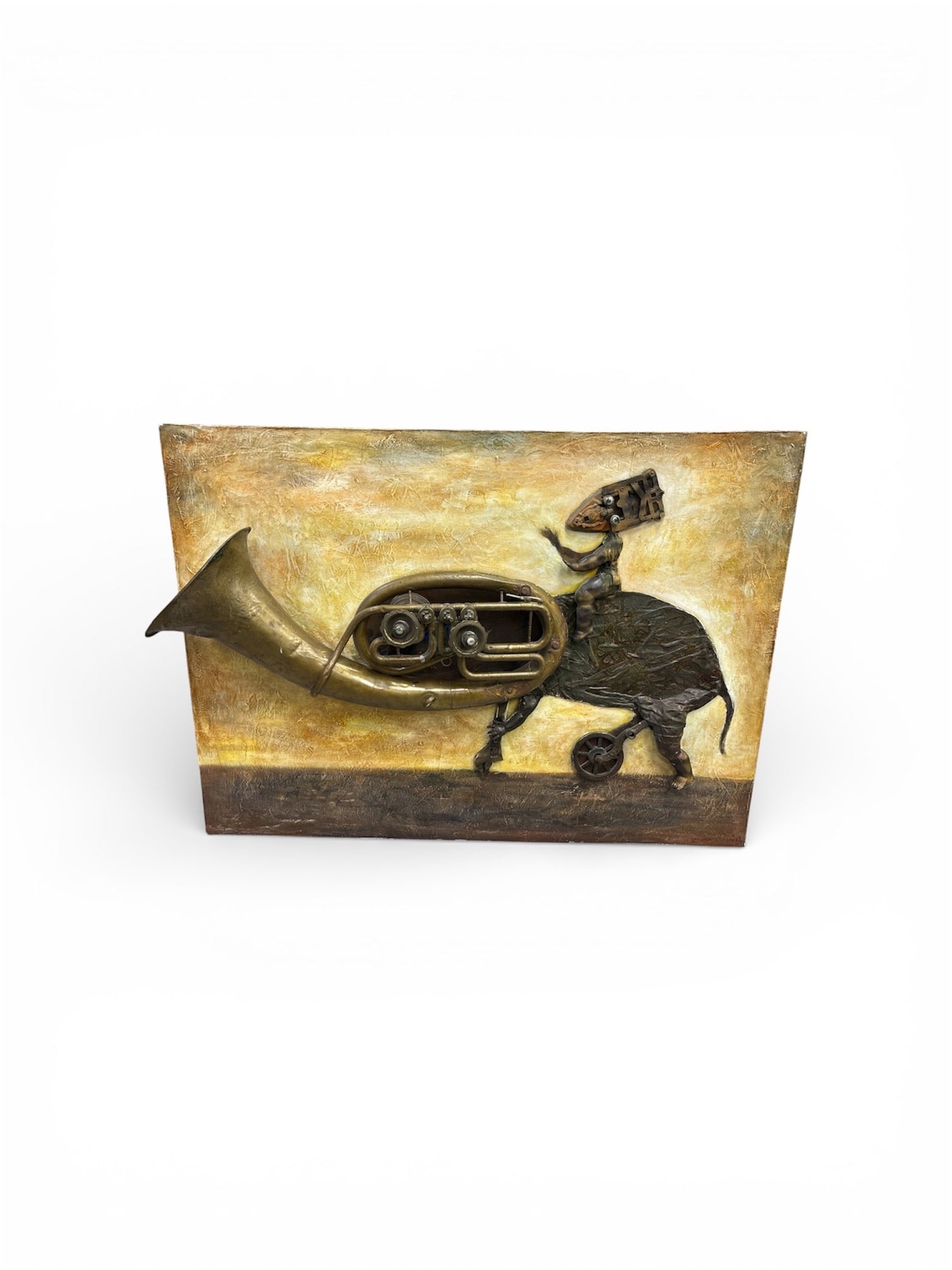 George Abramidze Monumental Mixed Media Relief Sculpture: This striking three-dimensional mixed media artwork by George Abramidze features a dynamic figurative composition rendered in high relief against a textured panel ground. The central figure is depicte