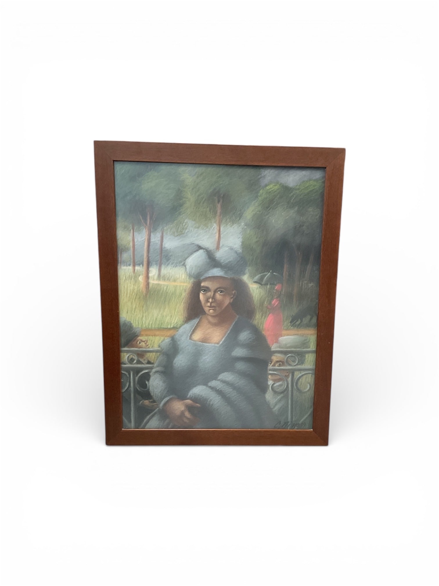 Carmelo Nino Surrealist Portrait of a Woman 1999: This enigmatic oil on canvas painting from 1999 is a quintessential work by the prominent Venezuelan artist Carmelo Nino, who is celebrated for his unique fusion of Magical Realism and surrealism. The