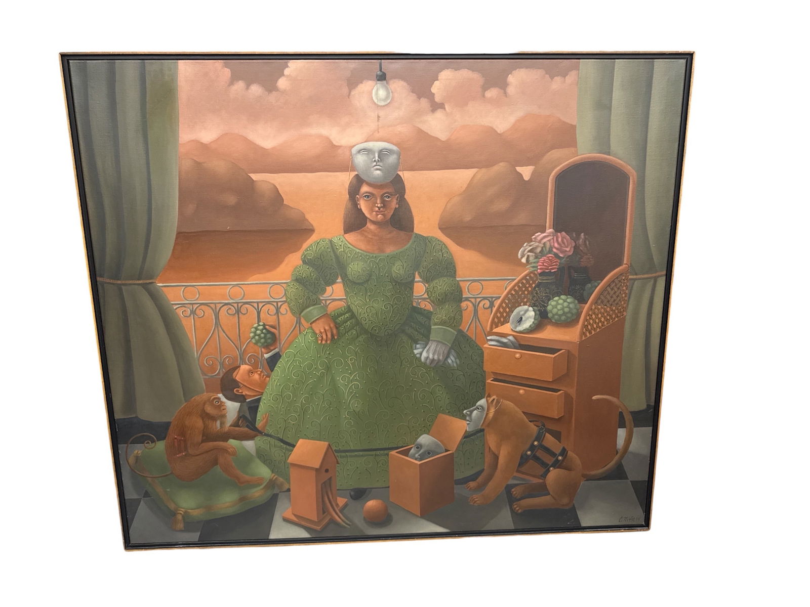 CARMELO NIÑO (Venezuelan, b. 1951) Oil on Canvas: This large-scale oil painting by Carmelo Niño presents a richly detailed surrealist interior scene featuring a seated female figure in an elaborate green dress, surrounded by symbolic objects,