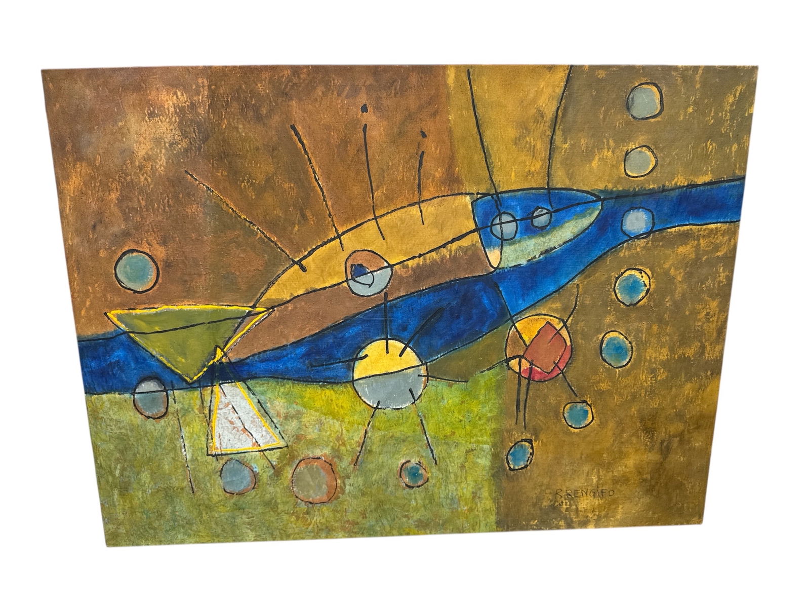 Raul Rengifo (Venezuela)Mixed Media Painting: This large-scale abstract painting by R. Rengifo features a dynamic composition of geometric forms, linear elements, and circular motifs layered across a richly textured surface. Bold bands of blue an