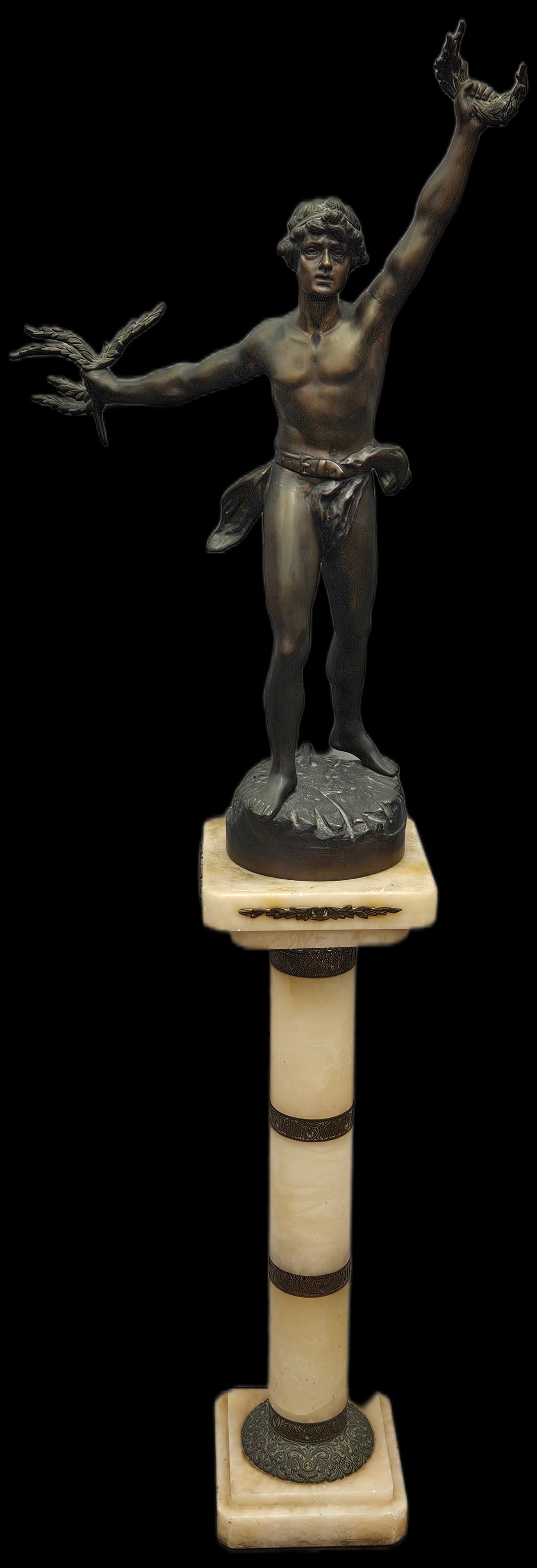 RARE Antique French Bronze Figure of Native Dancer on Alabaster Pedestal, Artist Unknown (1 of 6)