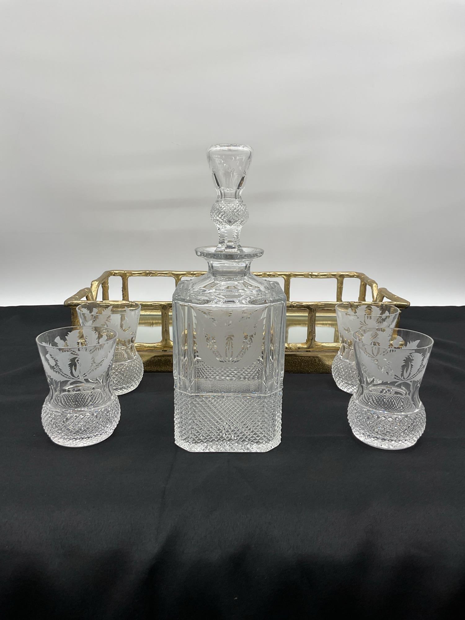 VARY RARE Edinburgh Crystal Thistle Pattern Decanter Set with Tray: Elegant Edinburgh Crystal whiskey decanter set in the classic Thistle pattern, featuring one cut crystal decanter with stopper and four matching tumblers. Known for its traditional Scottish craftsmans