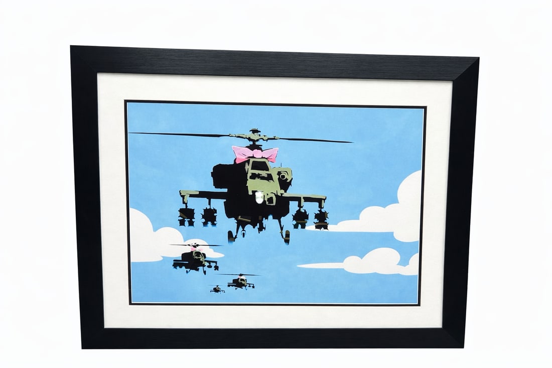 "Happy Choppers" Banksy Offset Lithograph: Description: This artwork is a powerful and iconic anti-war statement by the anonymous street artist 