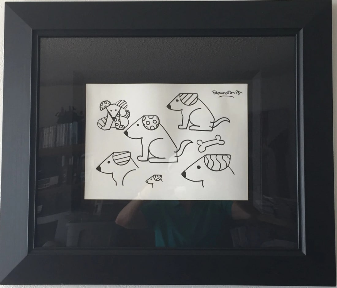 "Dog Study" by Romero Britto (Brazil, b.1963) Ink Drawing w/ COA: Description: Original Drawing by Brazilian artist Romero Britto, titled "Dog Study". This piece is hand signed and dated 2000. Comes with Official COA from Britto galleries. About the