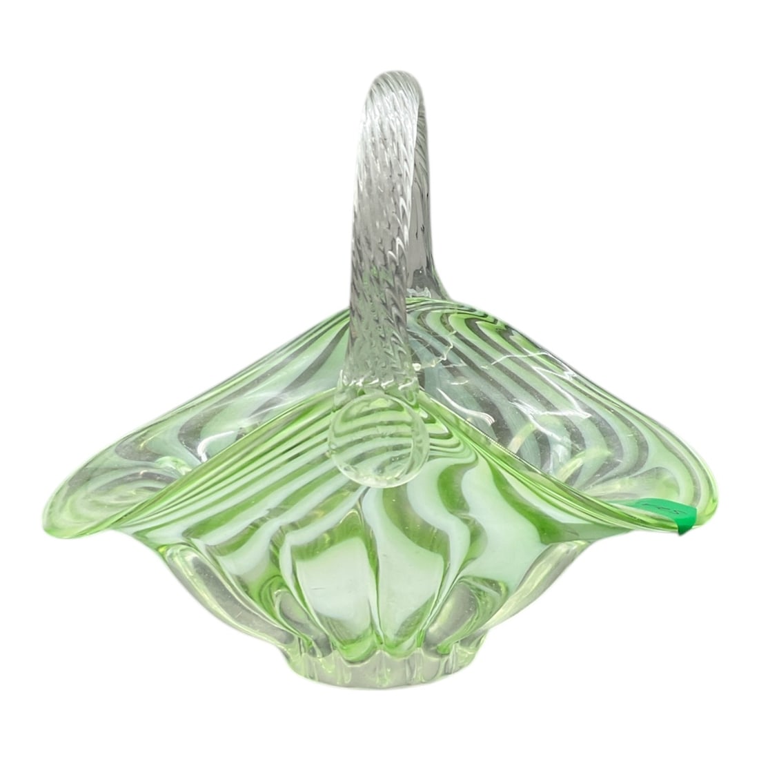 Art Glass Handled Basket with Green and Clear Swirl Design (1 of 5)