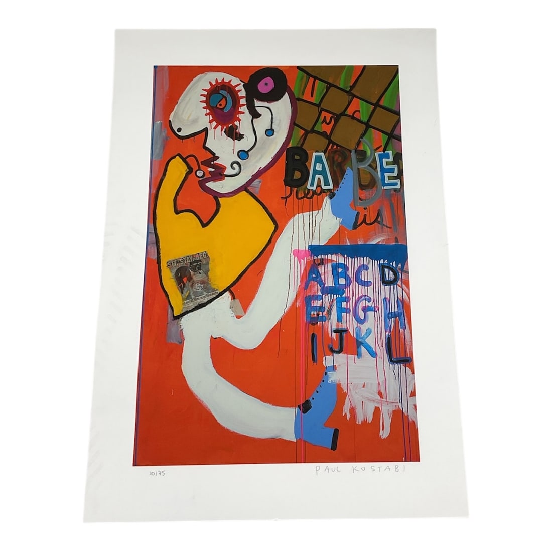 Paul Kostabi Signed Limited Edition Print: Colorful mixed-media style print by Paul Kostabi, featuring a bold abstract figurative composition rendered in vivid reds, blues, yellows, and graphic text elements. The work displays Kostabi’s