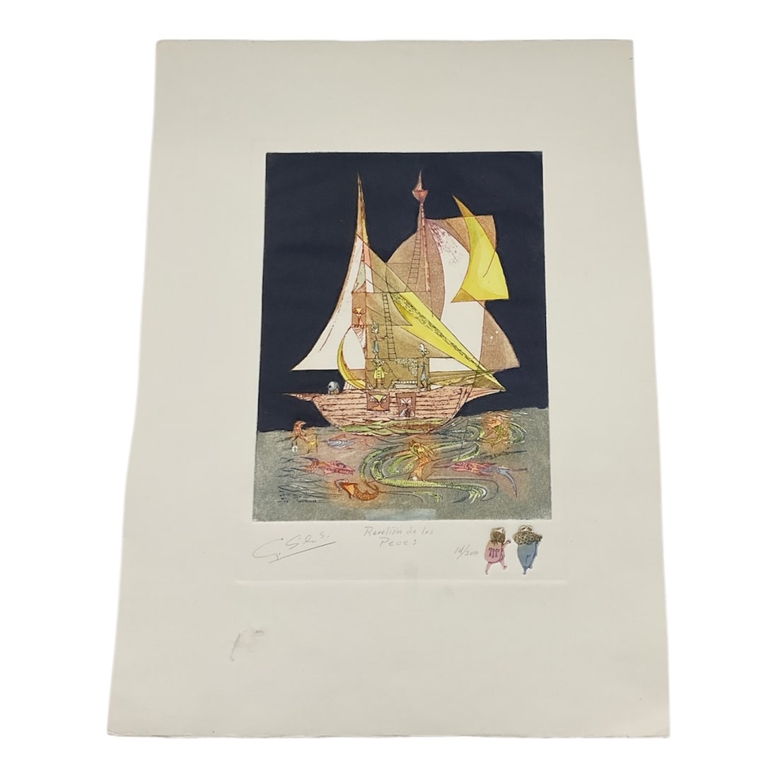 Rebelión de los Peces by G. Saes Limited Edition Print: Whimsical and imaginative composition titled Rebelión de los Peces by G. Saes, presenting a surreal maritime scene centered on a stylized sailing vessel surrounded by symbolic aquatic