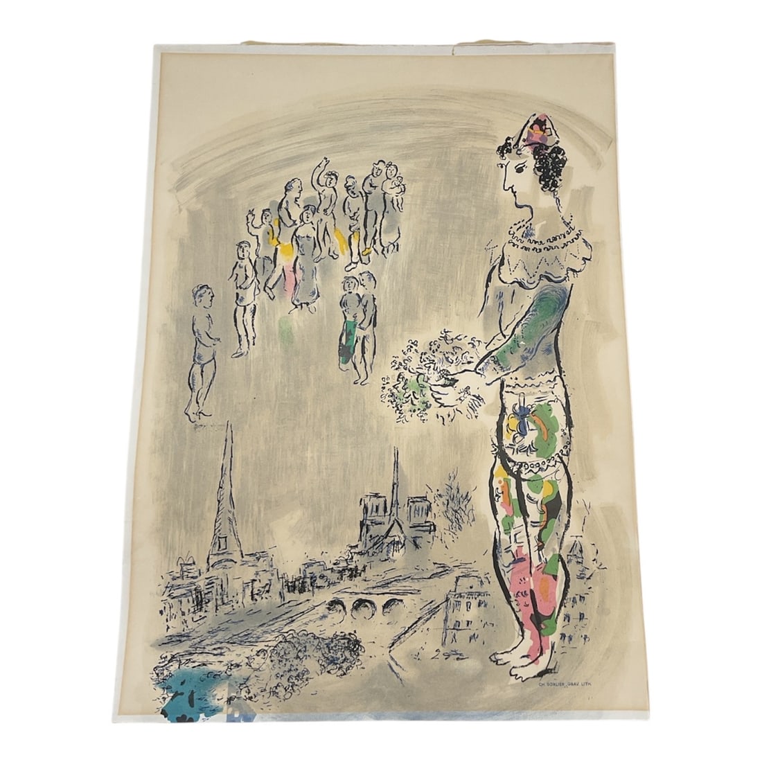 Surreal Figurative Scene French Lithograph Printed by Ch. Sorlier: Expressive figurative lithograph depicting a dreamlike scene with a central costumed figure in the foreground and a procession of smaller figures receding into the background above a stylized