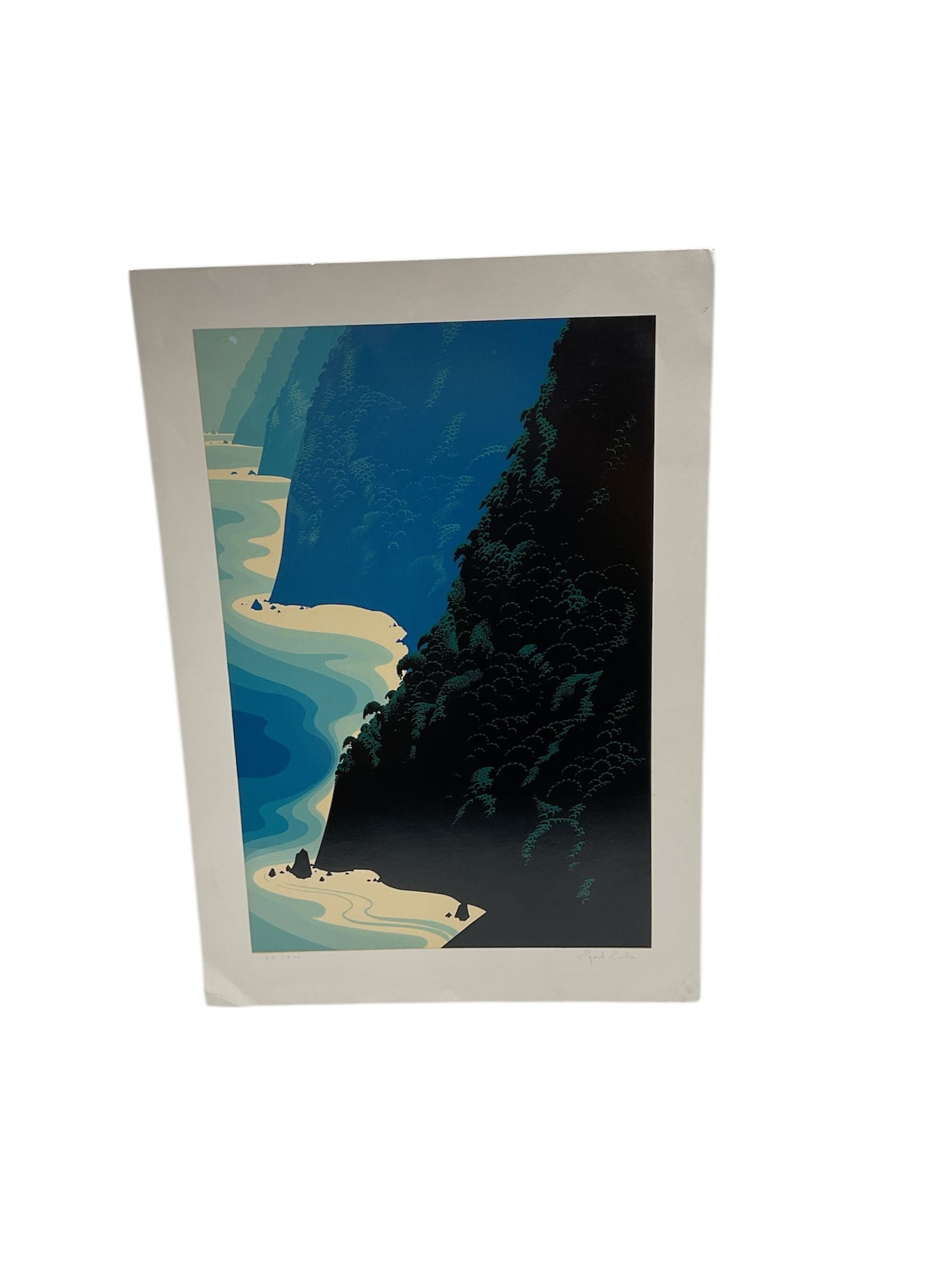 Big Blue Sur by Eyvind Earle Limited Edition Print: Stylized coastal landscape titled Big Blue Sur by Eyvind Earle, depicting a dramatic shoreline rendered in the artist’s iconic modernist style. The composition features sweeping ocean forms,