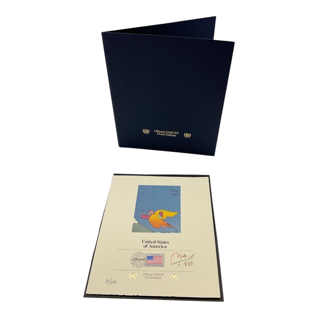 United States of America by Peter Max Official UNICEF Proof Edition 1981: Colorful graphic composition by Peter Max titled United States of America, created in 1981 as an Official UNICEF Proof Edition. The artwork features Max’s instantly recognizable pop art style,