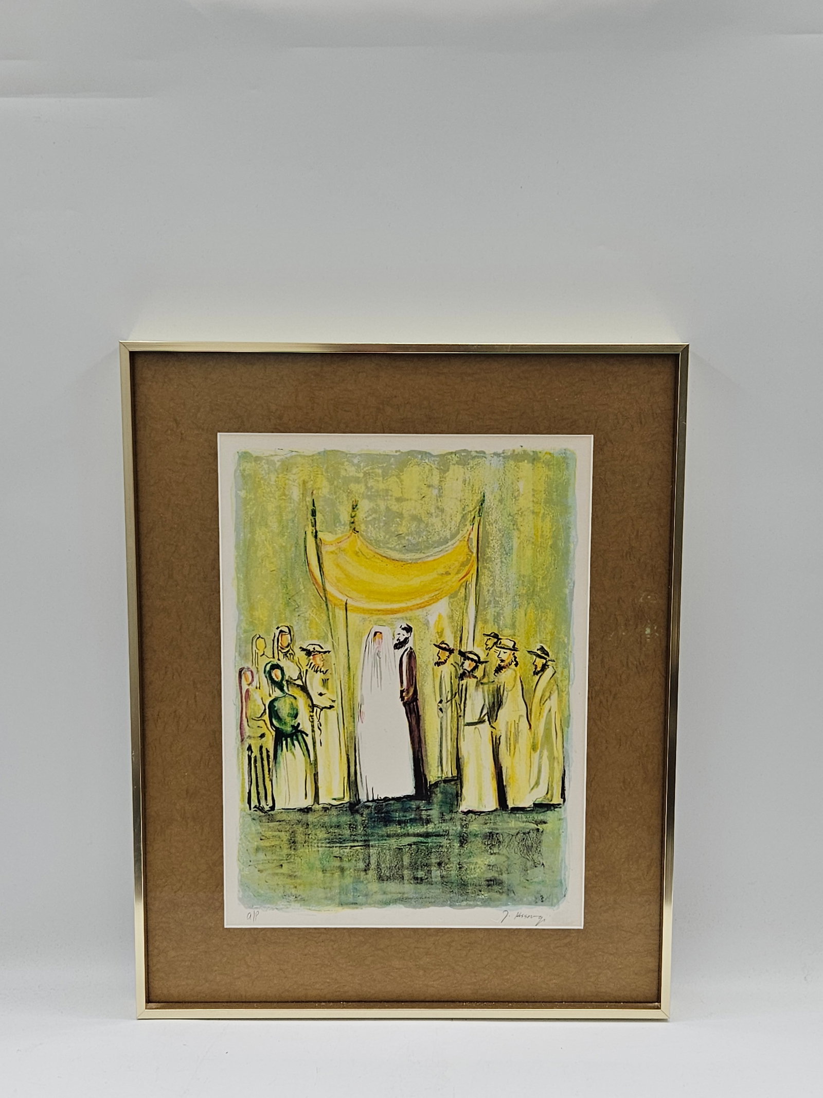 Chuppah Wedding Ceremony (Artist Proof) by Joseph Kossonogi / Yosef Kossonogi:  Expressive modern depiction of a Jewish wedding under a bright yellow chuppah, with the bride and groom flanked by attendants dressed in yellow against a soft green and yellow background.Note: