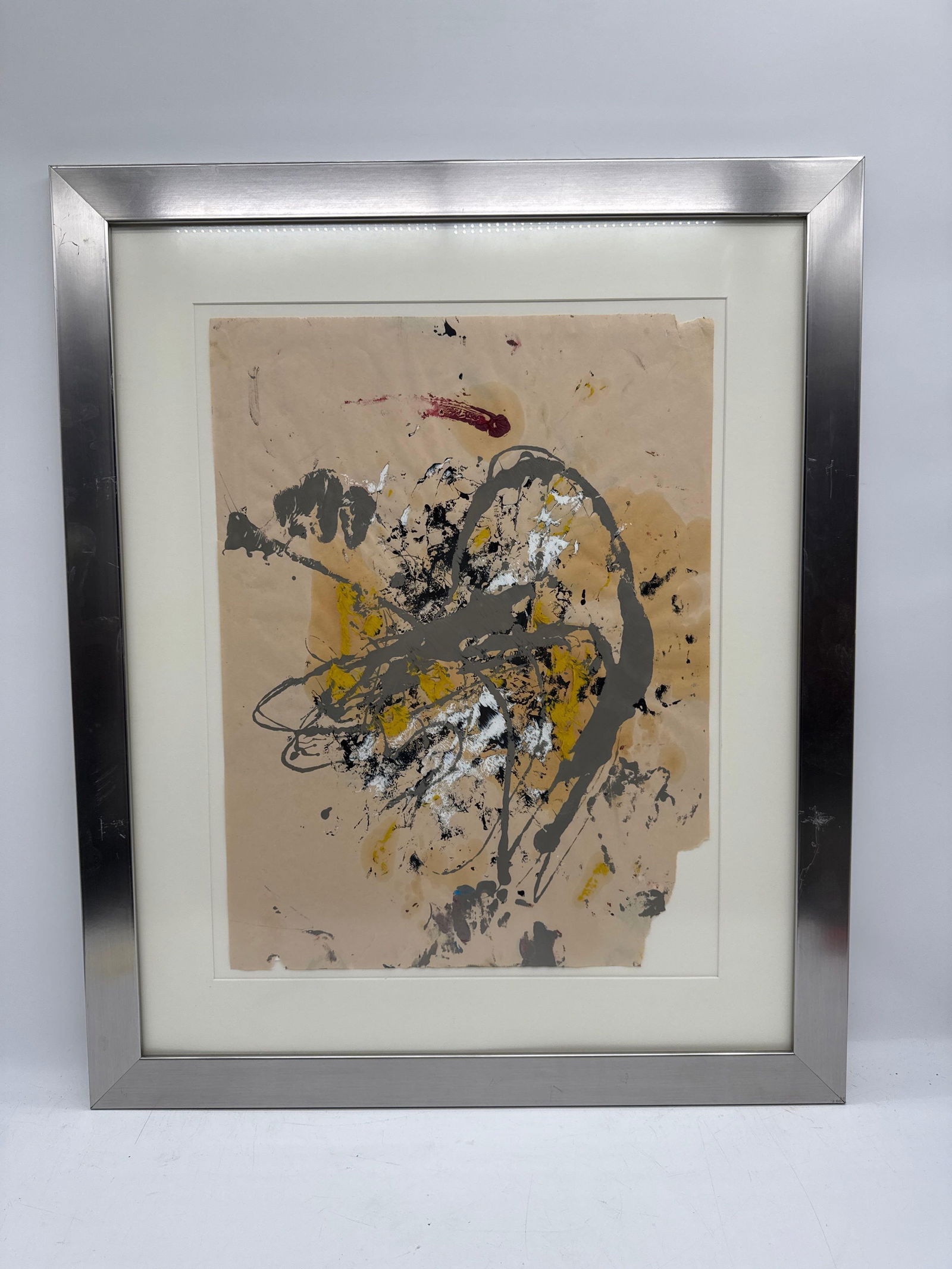 Abstract Expressionist Composition with Grey and Yellow Accents by Carlos Felix (Mexico, B. 1981): Abstract mixed media on handmade paper featuring dynamic sweeps of grey, yellow, black, and white with layered textures and spontaneous drips. The distressed paper edges add to the raw, expressive nat