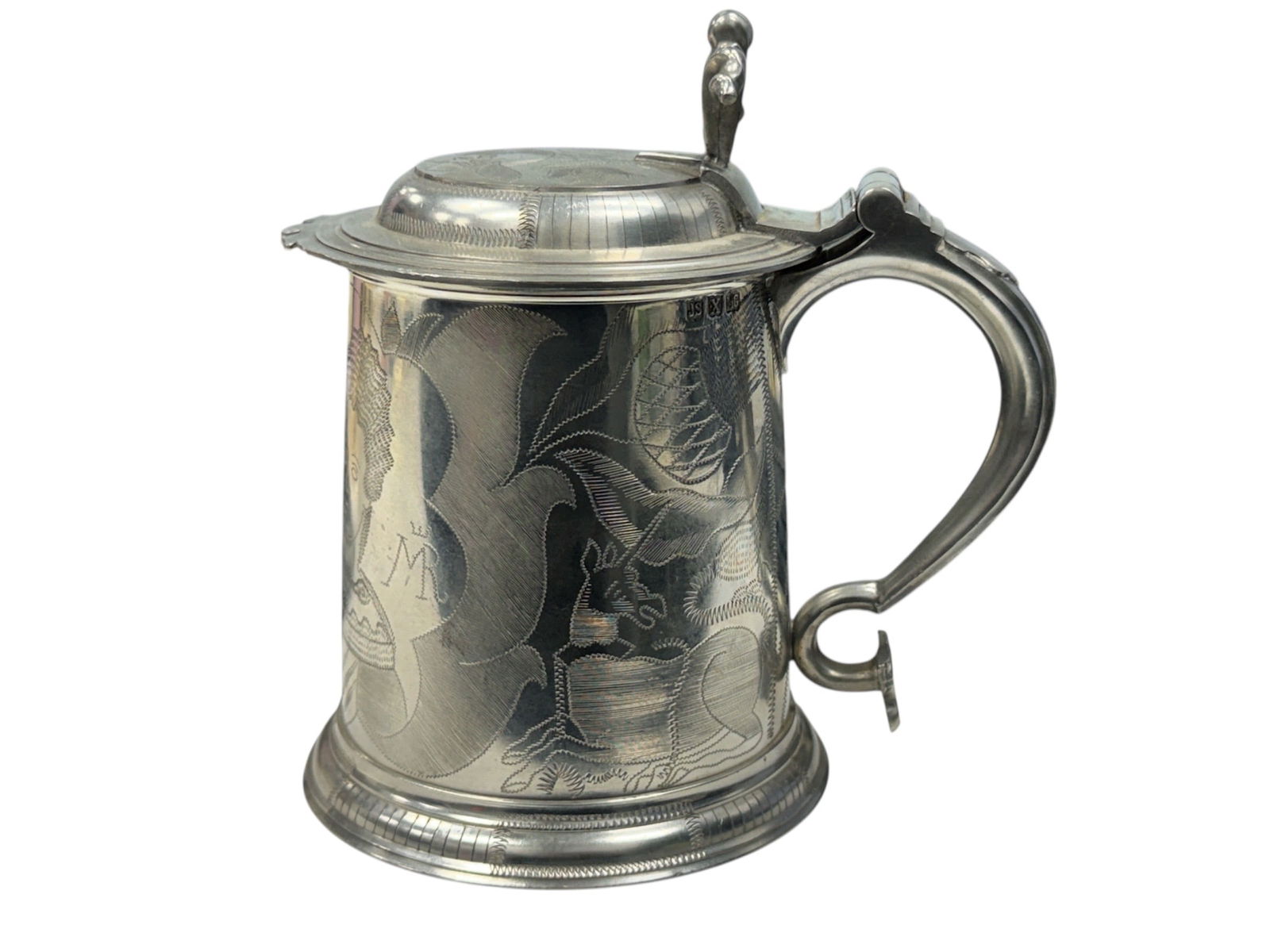 Engraved Pewter Lidded Tankard by John Somers, Brazil (1 of 6)