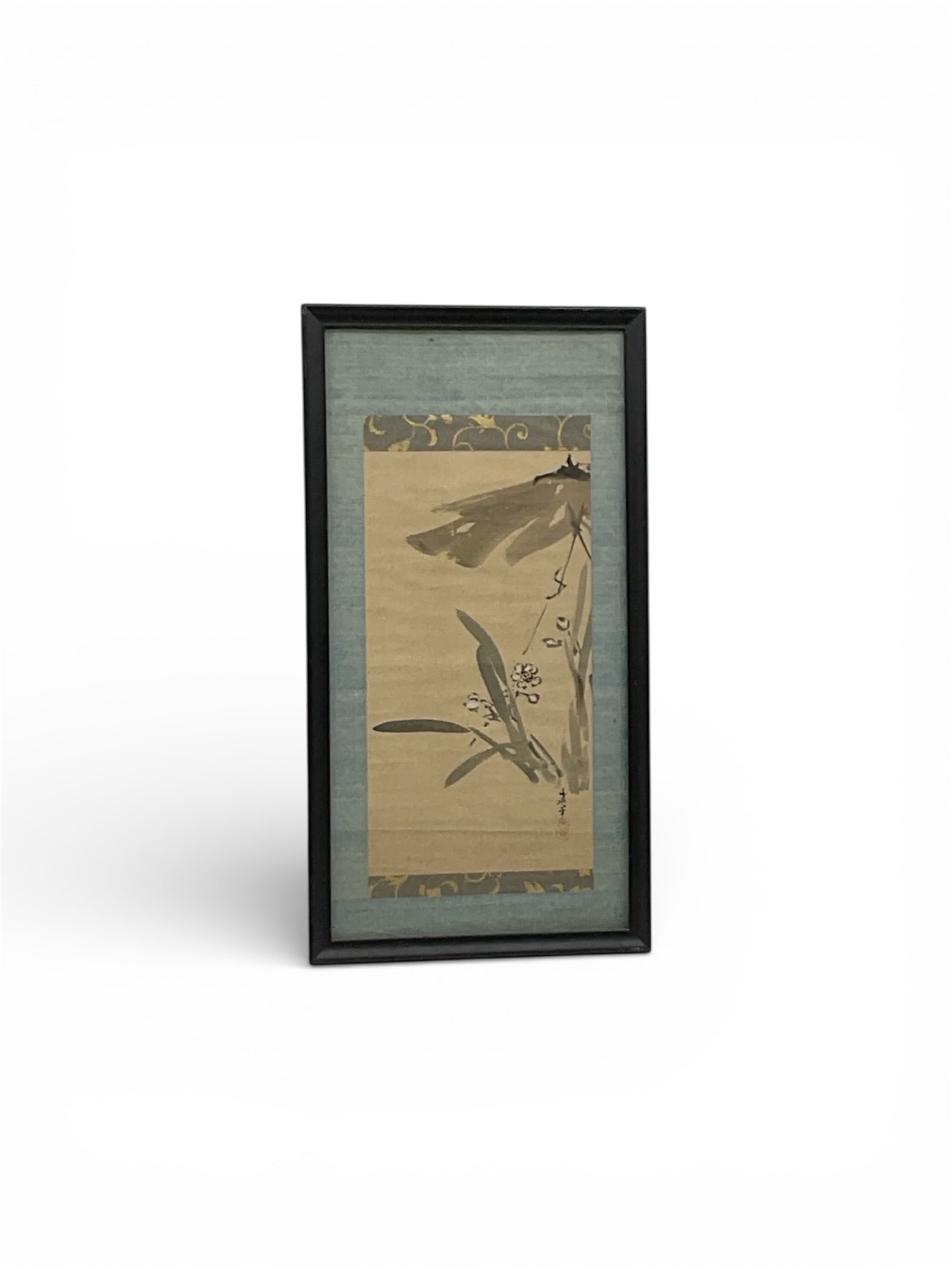 Japanese Ink & Wash Painting of Dragonflies on Silk, Framed Vertical Scroll: Elegant Japanese ink and wash painting depicting dragonflies hovering among reeds and blossoms, executed in a restrained monochrome palette with subtle tonal variation. The composition emphasizes move