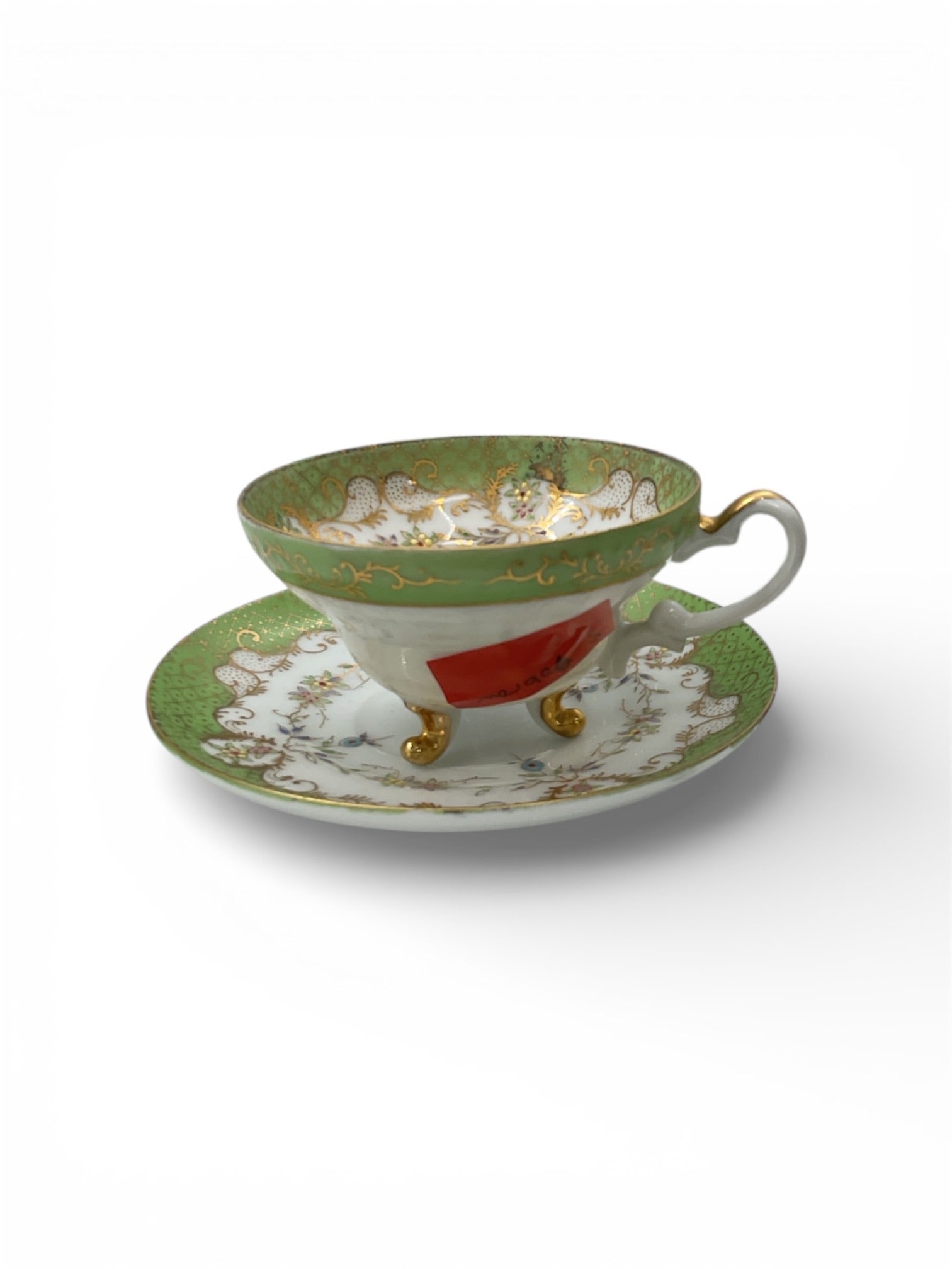 Princeton China Porcelain Demitasse Cup and Saucer with Green Ground and Gilt Decoration (1 of 3)