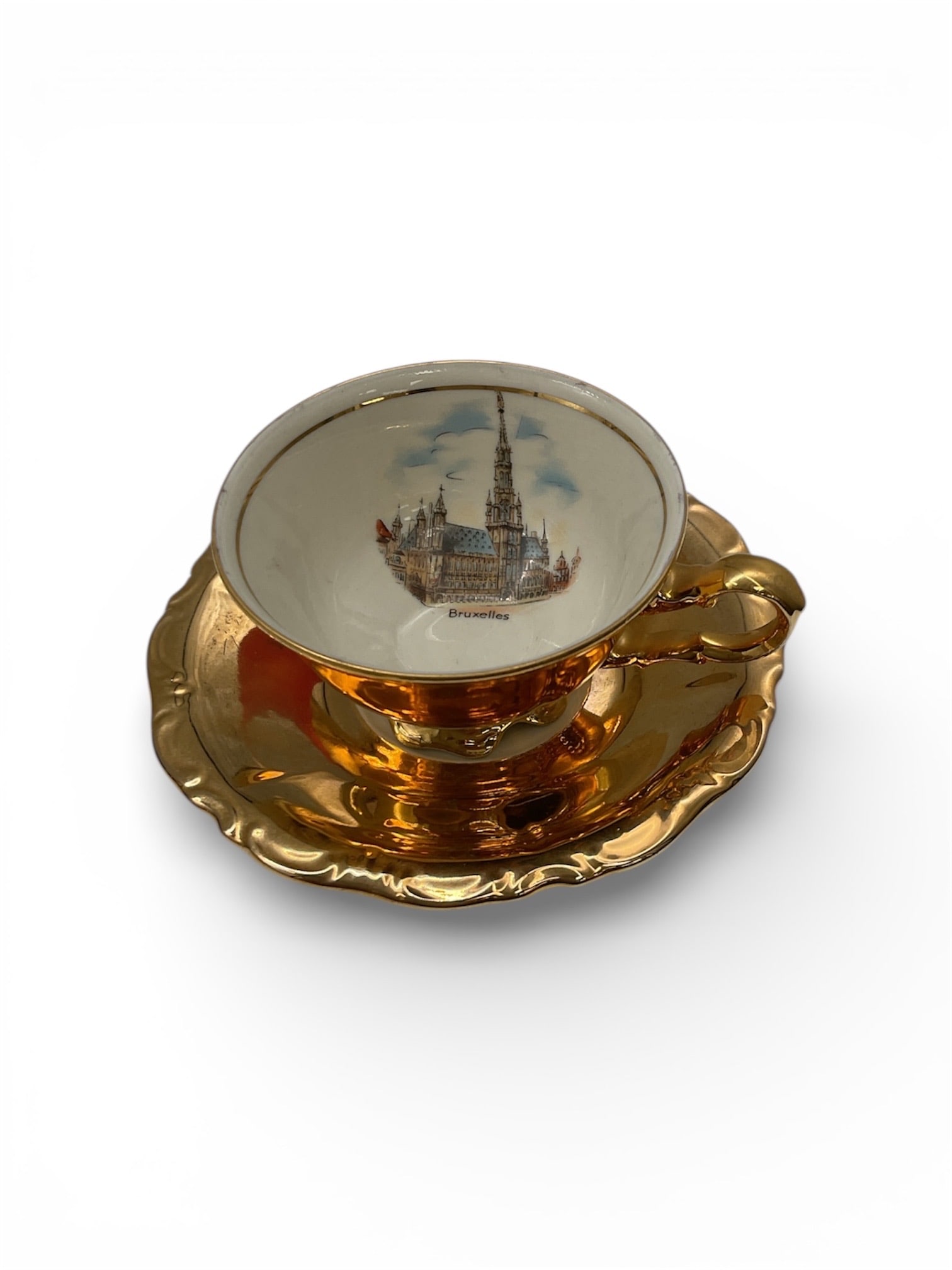 Souvenir de Belgique Porcelain Demitasse Cup and Saucer with Gilt and Scenic Decoration (1 of 3)