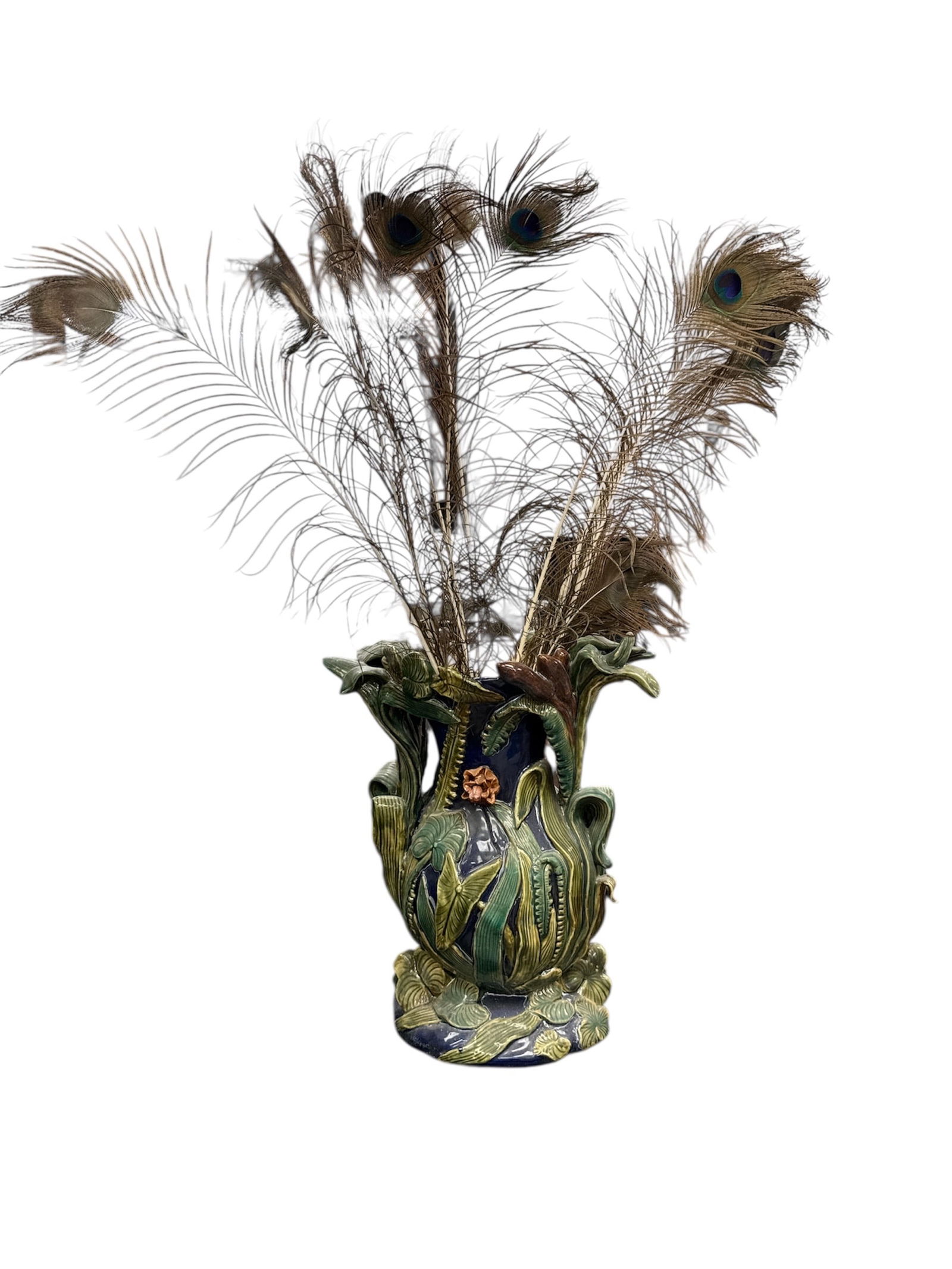 Vintage Majolica Art Nouveau Style Figural Ceramic Vase with Peacock Feathers (1 of 5)