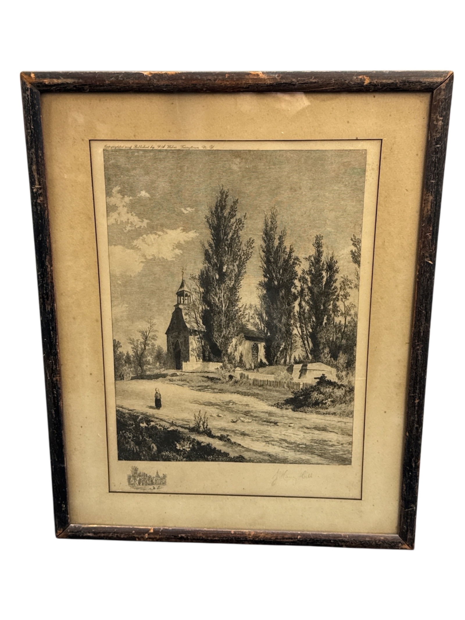 Antique Landscape Etching of Church and Trees, Framed (1 of 6)