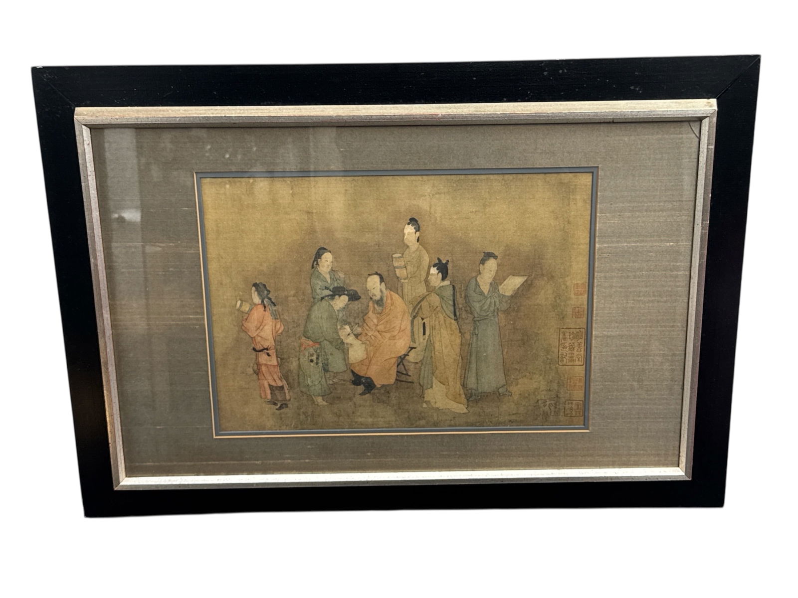 Vintage Framed Chinese Painting on Silk: "Scholars Collating Classic Texts" Style, Figure Scene with (1 of 4)