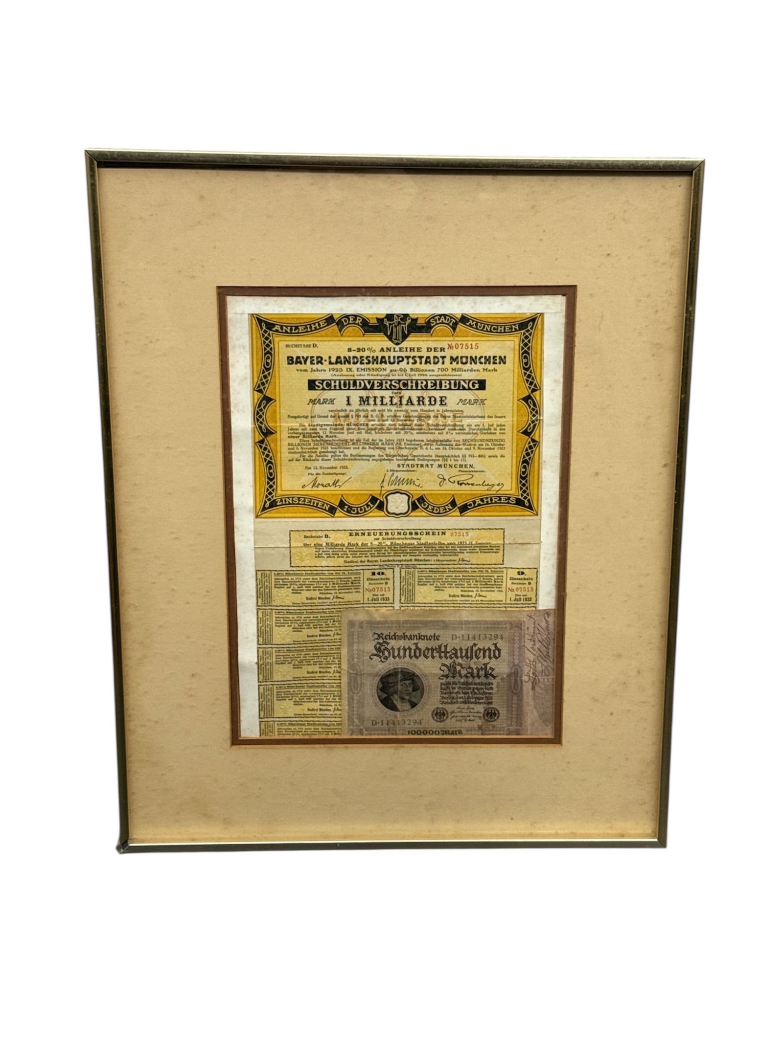Historic 1923 Germany Hyperinflation Bond: 1 Milliarde Mark (One Billion) - Bayer. Landeshauptstadt: Own a significant piece of 20th-century economic history with this authentic bond certificate from the Weimar Republic era hyperinflation crisis. This official "Schuldverschreibung" (debentu
