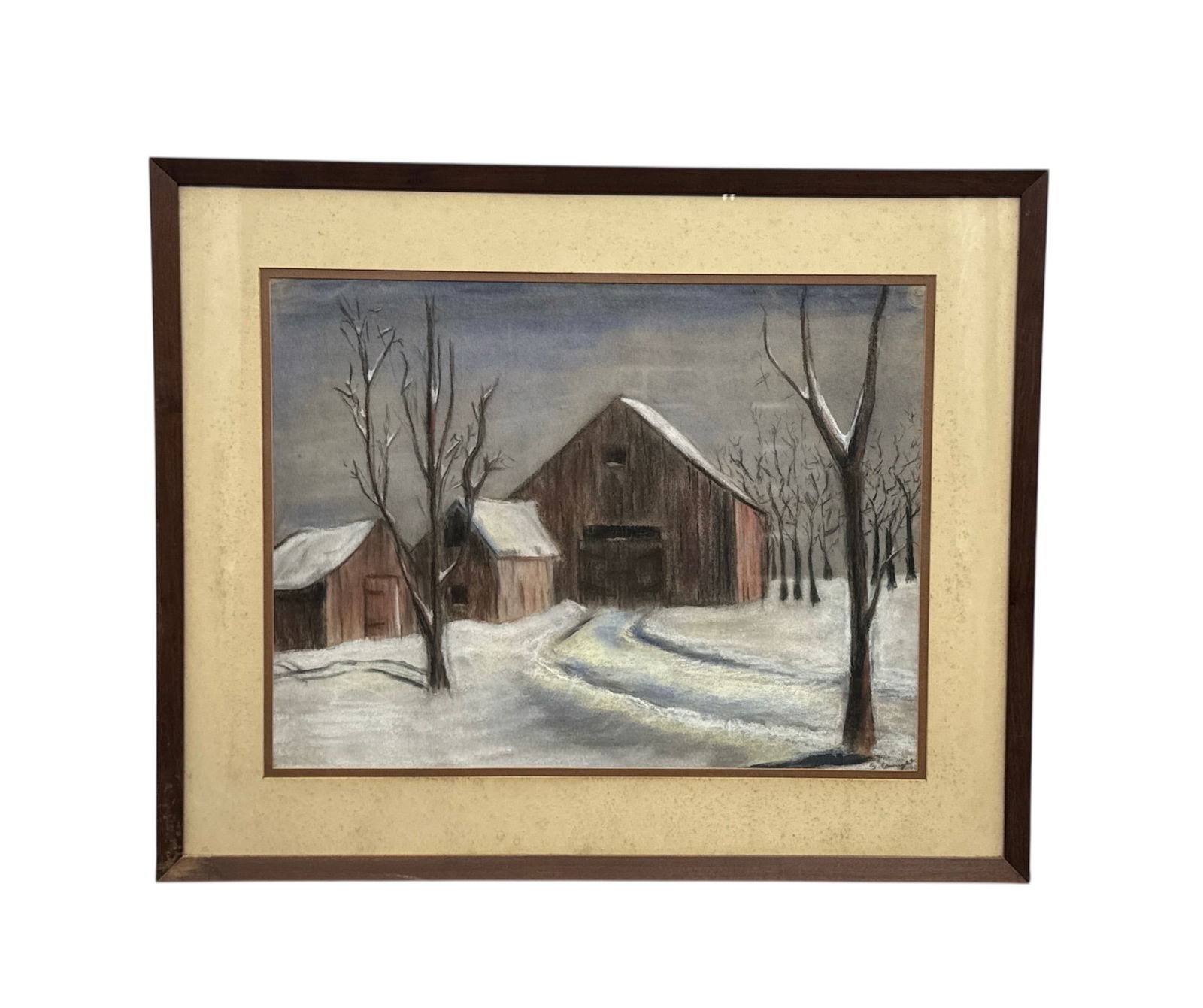 "Winter Silence": Vintage Framed Oil Painting, Rustic Snowy Barn Landscape Art (1 of 4)
