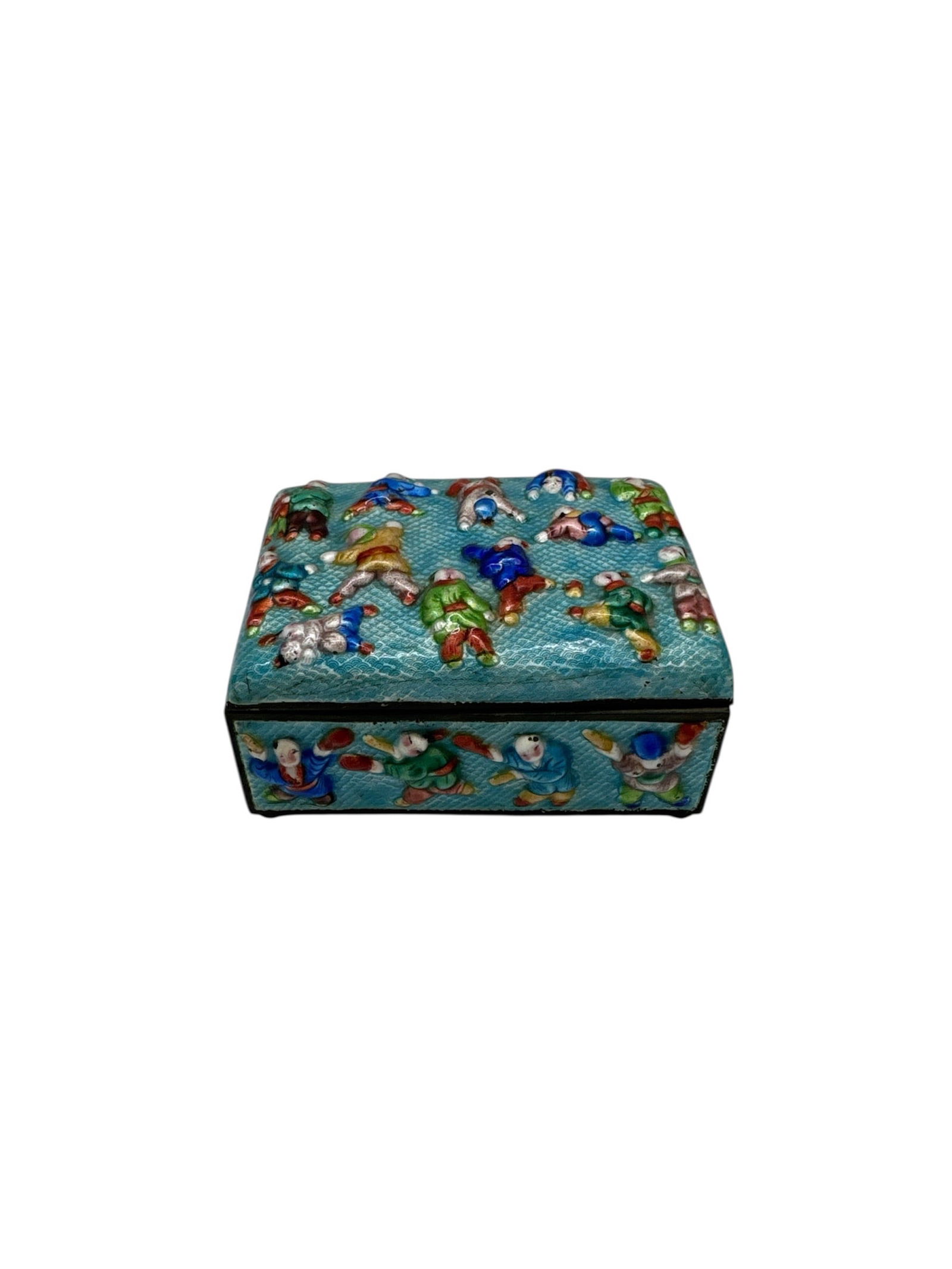 Vintage Chinese Cloisonné Enamel Trinket Box with Matching Matchbox Holder: This vintage cloisonné trinket box features a vivid turquoise enamel ground adorned with raised multicolor floral and animal motifs, executed in traditional cloisonné technique. The rect