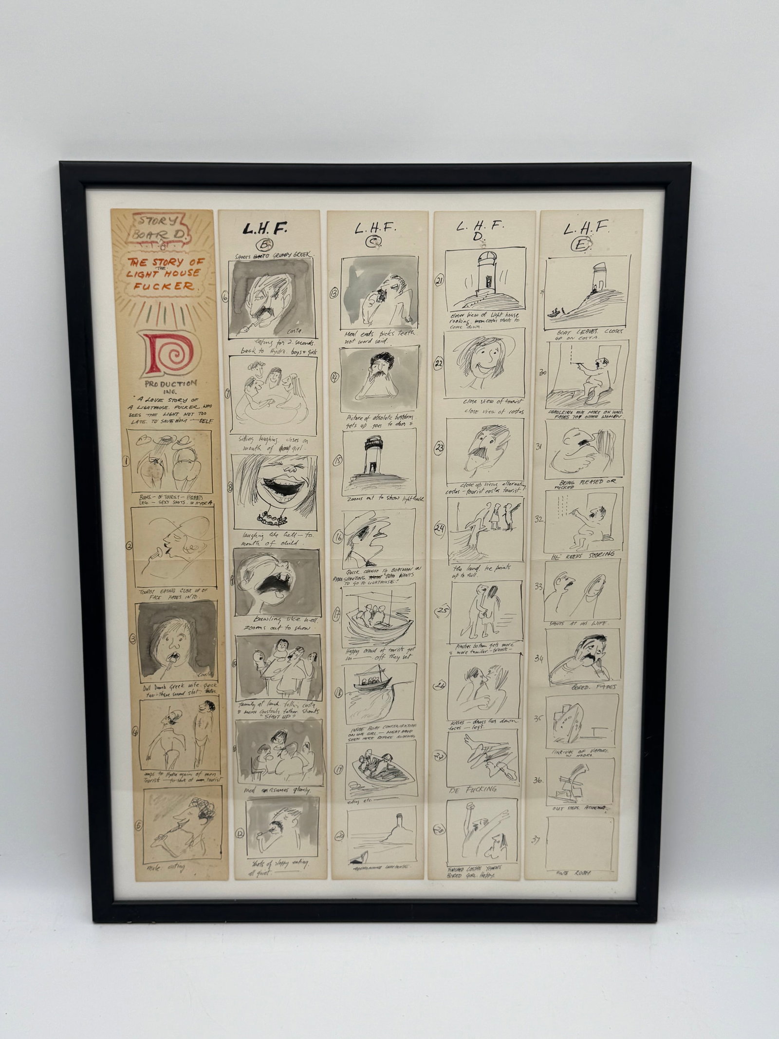 Vintage Cartoon Storyboard Art, Framed: Framed storyboard art featuring cartoon panels. Dimensions are approximately 24 x 31 inches. The piece is framed in black.