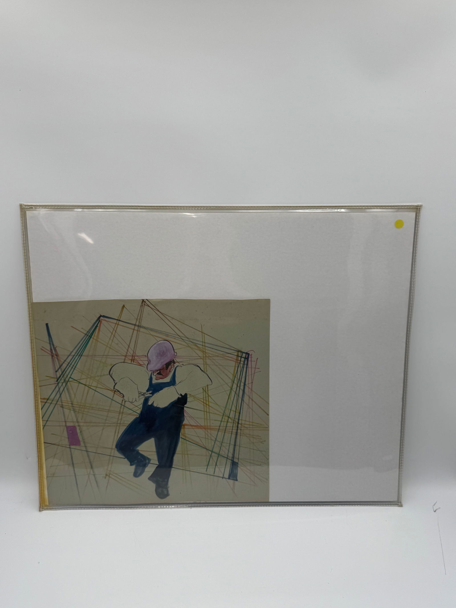 Abstract Figure Drawing: Abstract drawing featuring a figure in overalls surrounded by geometric lines. Image size is approximately 20 x 19 inches. Unframed.