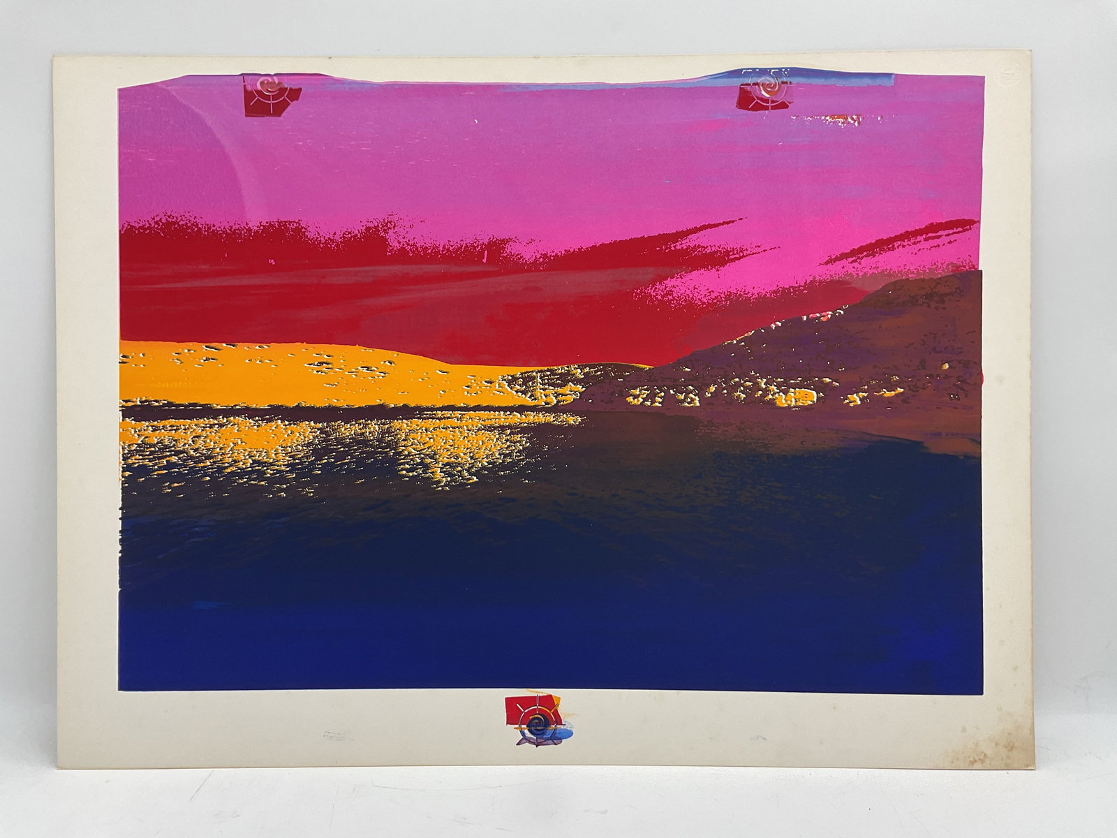 Abstract Coastal Landscape: Vivid artwork depicting a coastal landscape with bold horizontal layers of magenta, orange, and cobalt blue. The textured composition captures the glow of reflected light on water, merging